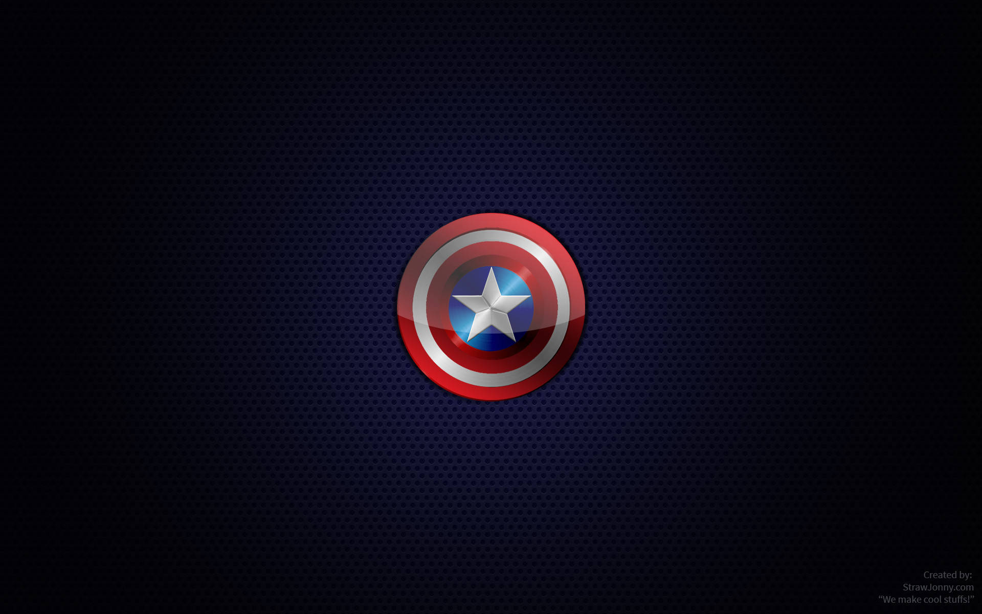 Captain America Shield 桌布 壁紙 — 一個閃亮的紅、白、藍色美國隊長盾牌，居中在深藍色穿孔背景上。