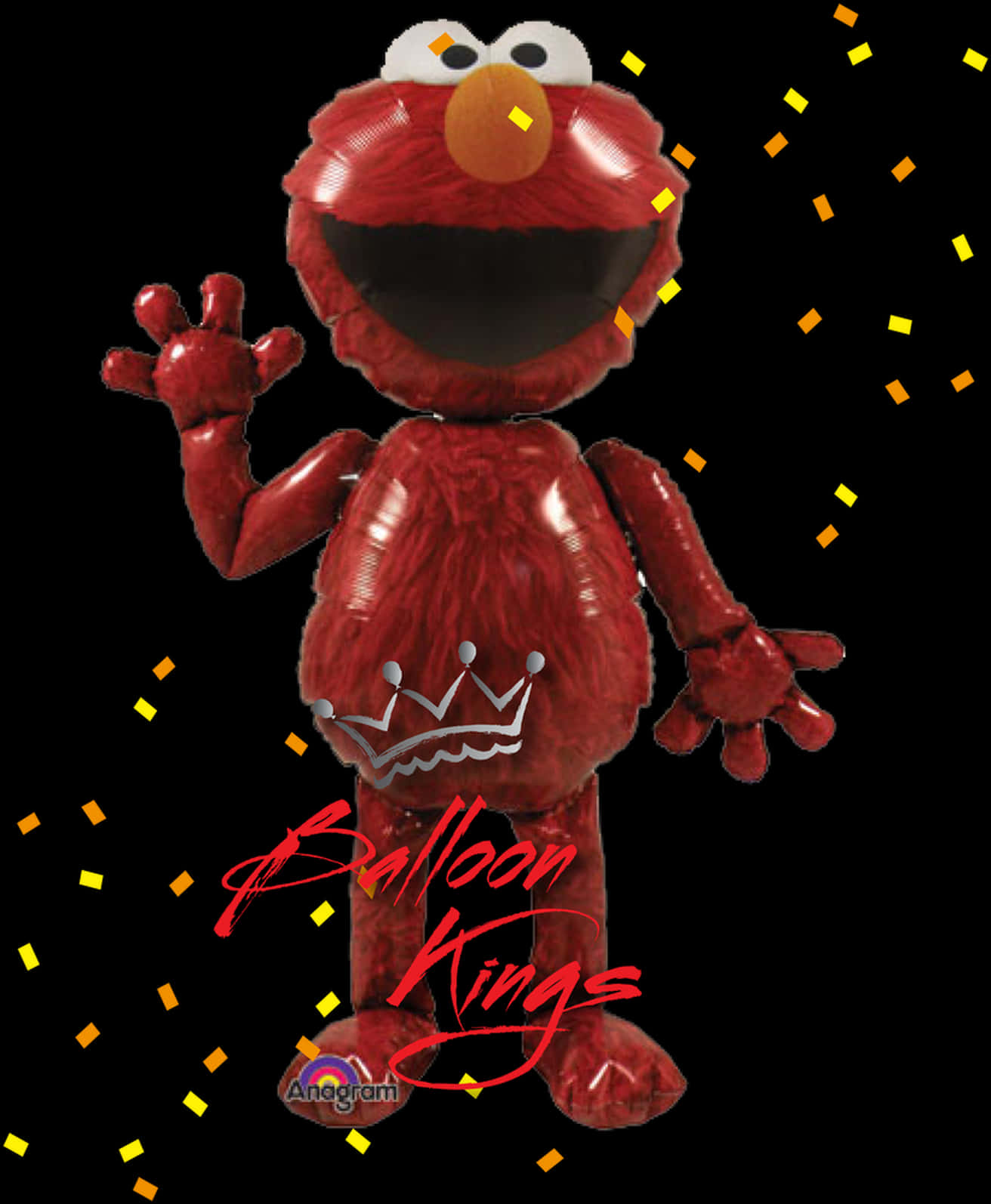 Elmo 桌布 壁紙 — 一個閃亮的紅色 Elmo 氣球公仔在黑色背景上歡快地揮手，黃色紙屑飄落。