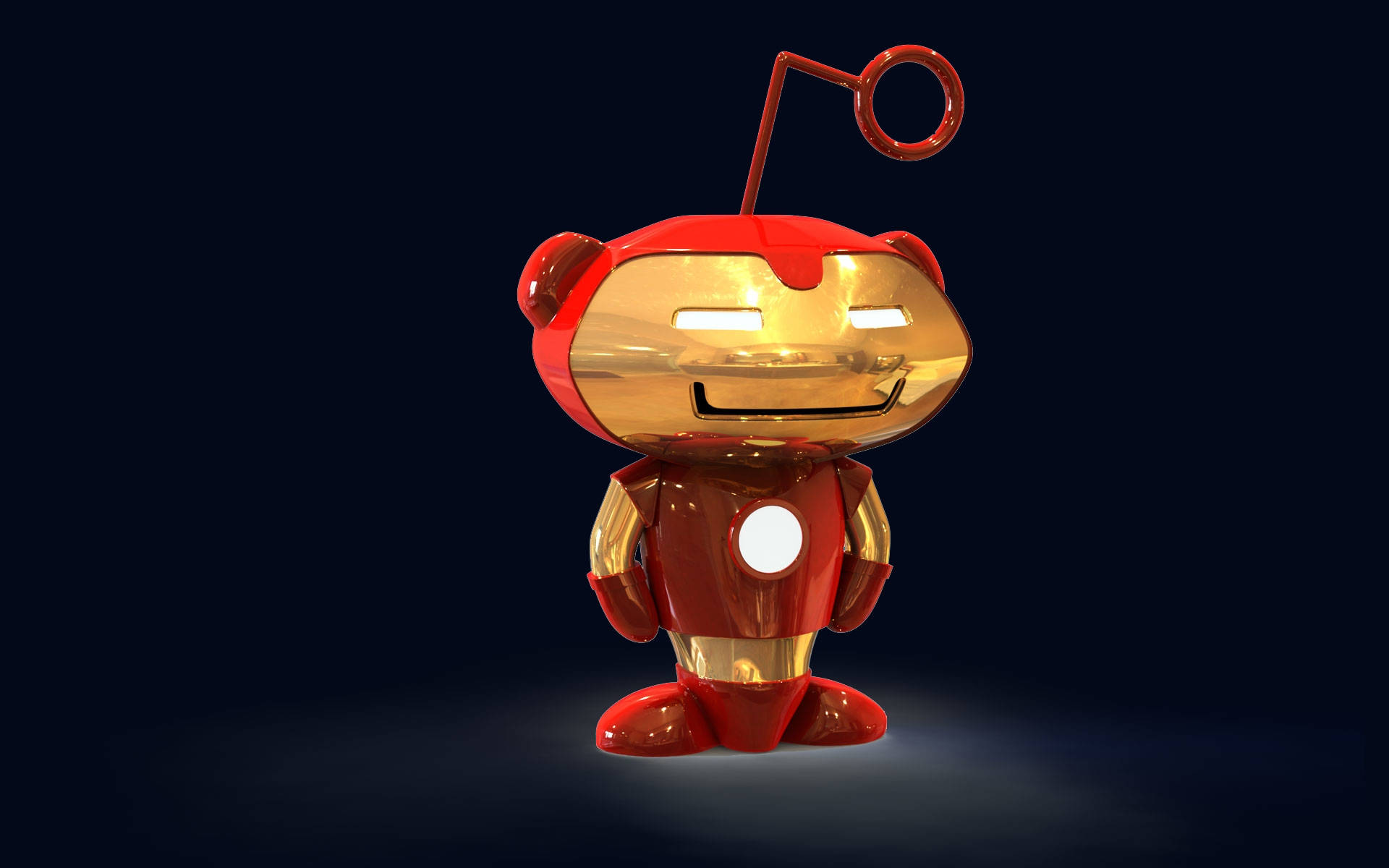 Reddit 桌布 壁紙 — 一個閃亮的紅色和金色機器人，帶著微笑的臉和天線，站在深色背景前。