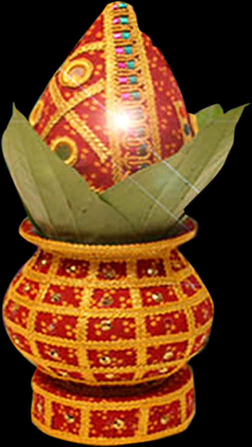 Hinduism 桌布 壁紙 — 一個閃亮的紅色和金色華麗花盆，裡面有一個裝飾蛋，依偎在綠葉中，背景為黑色。