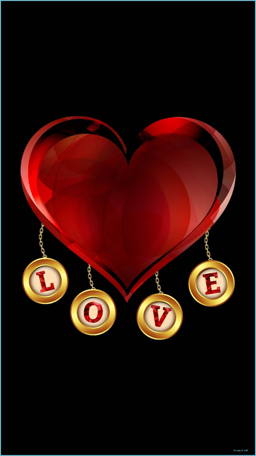Love Phone 桌布 壁紙 — 一個閃亮的紅色心形，帶有金色獎章拼出 LOVE，掛在鏈條上，背景為黑色。