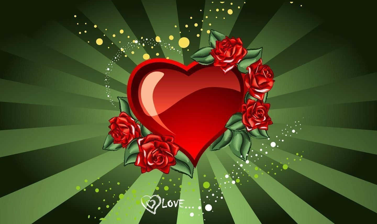 Cute Love Heart 桌布 壁紙 — 一個閃亮的紅色心形，被紅玫瑰環繞，背景是綠色放射狀並帶有閃爍粒子。
