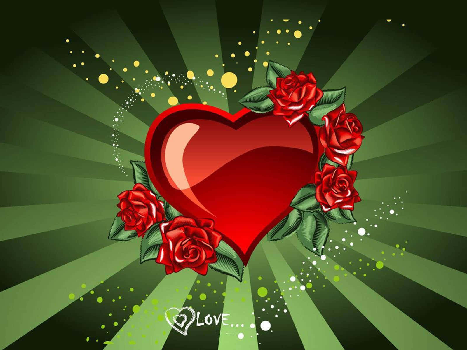 Heart Art 桌布 壁紙 — 一個閃亮的紅色心形，被紅玫瑰環繞，背景是綠色放射狀爆發效果，帶有閃爍的粒子。