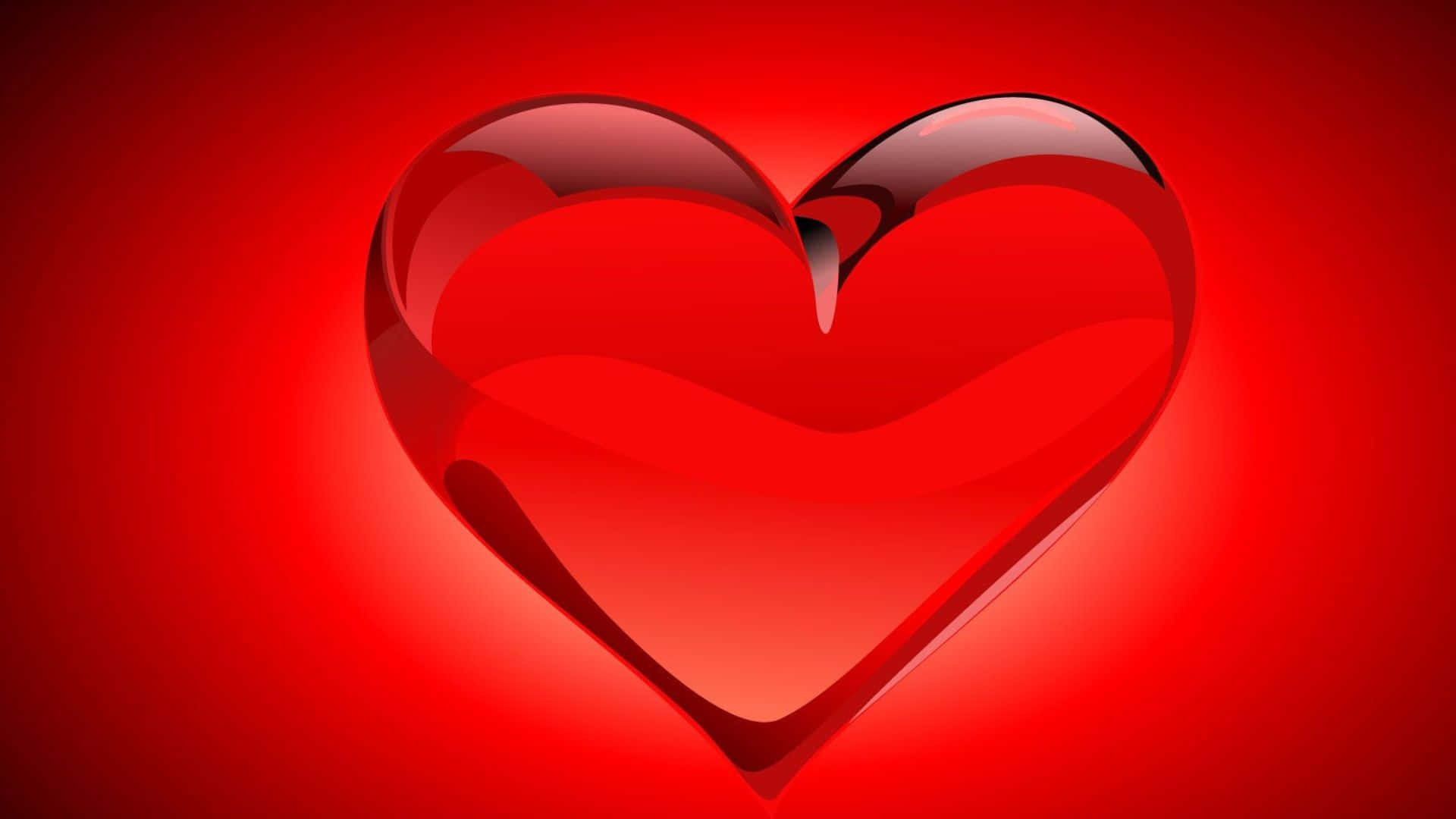 Red Hearts 桌布 壁紙 — 一個閃亮的紅色心形，頂部破裂，在耀眼的紅色漸變背景上發光。
