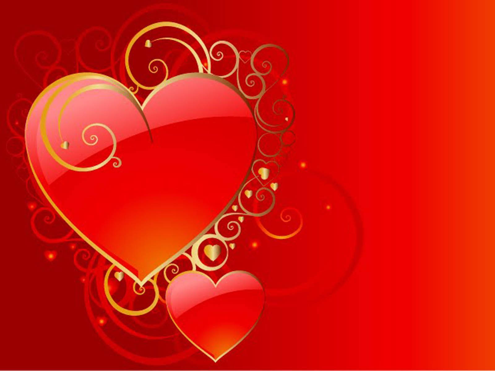Love Heart 桌布 壁紙 — 一個閃亮的紅色心形，飾有金色漩渦和較小的愛心，在鮮豔的紅色漸變背景上發光。