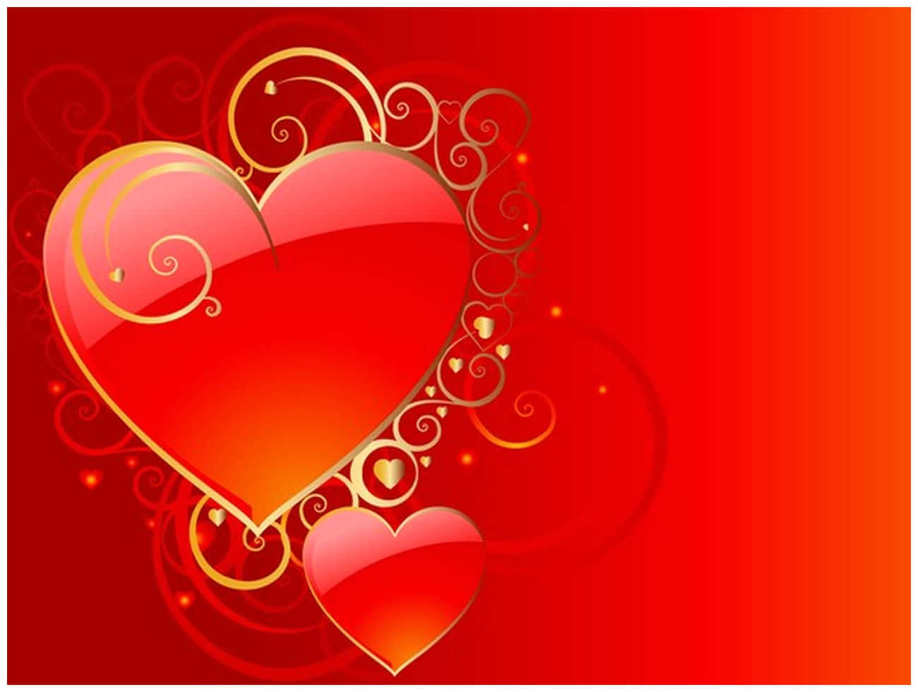 Red Heart 桌布 壁紙 — 一個閃亮的紅色心形，飾有金色漩渦和較小的愛心，在明亮的紅色漸變背景上閃耀。