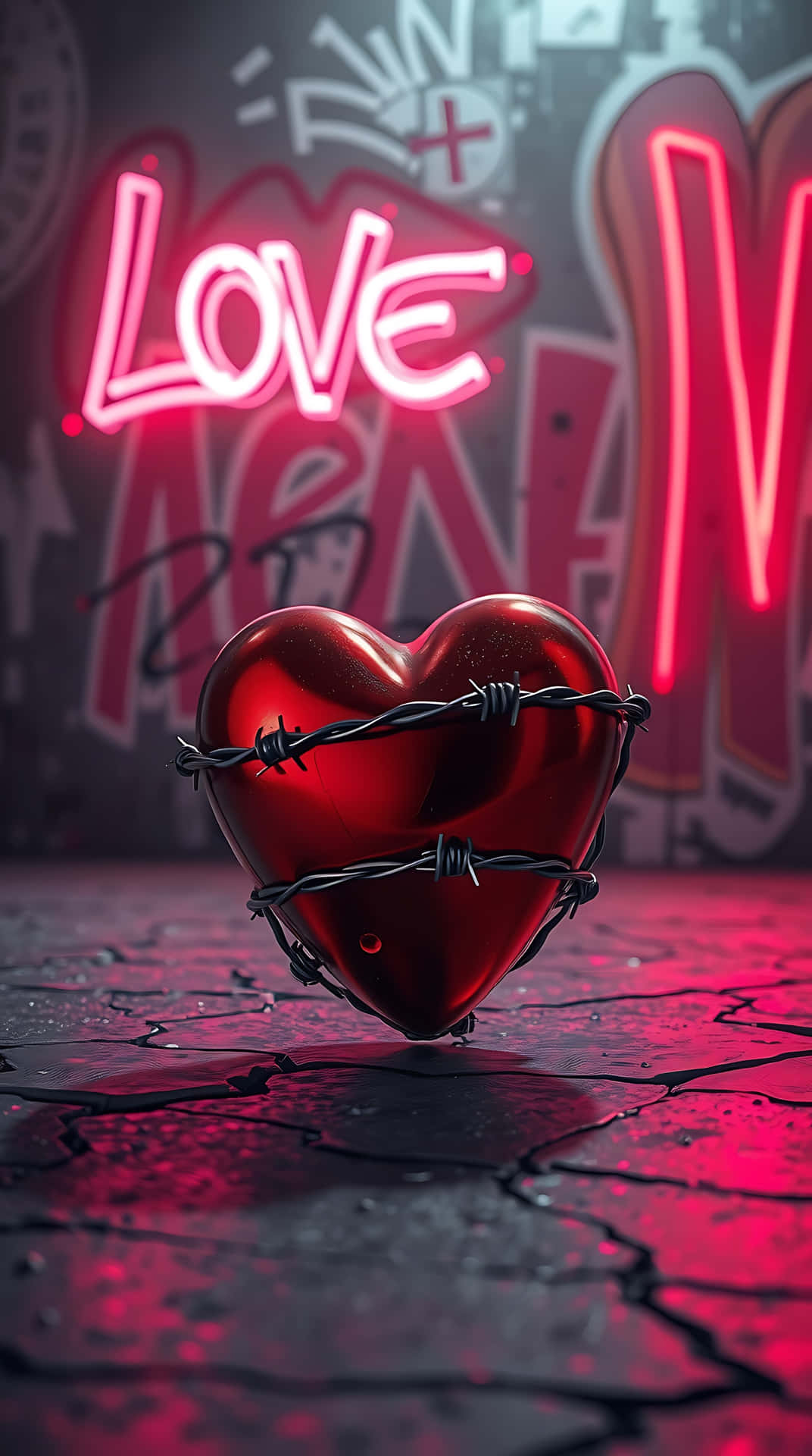 Love is Caged – Barbed Heart on Concrete Shadows 36-2 壁紙 — 一個閃亮的紅色心形被鐵絲網包裹，放在裂開的路面上，下方是發光的粉紅色霓虹燈 'LOVE' 塗鴉。