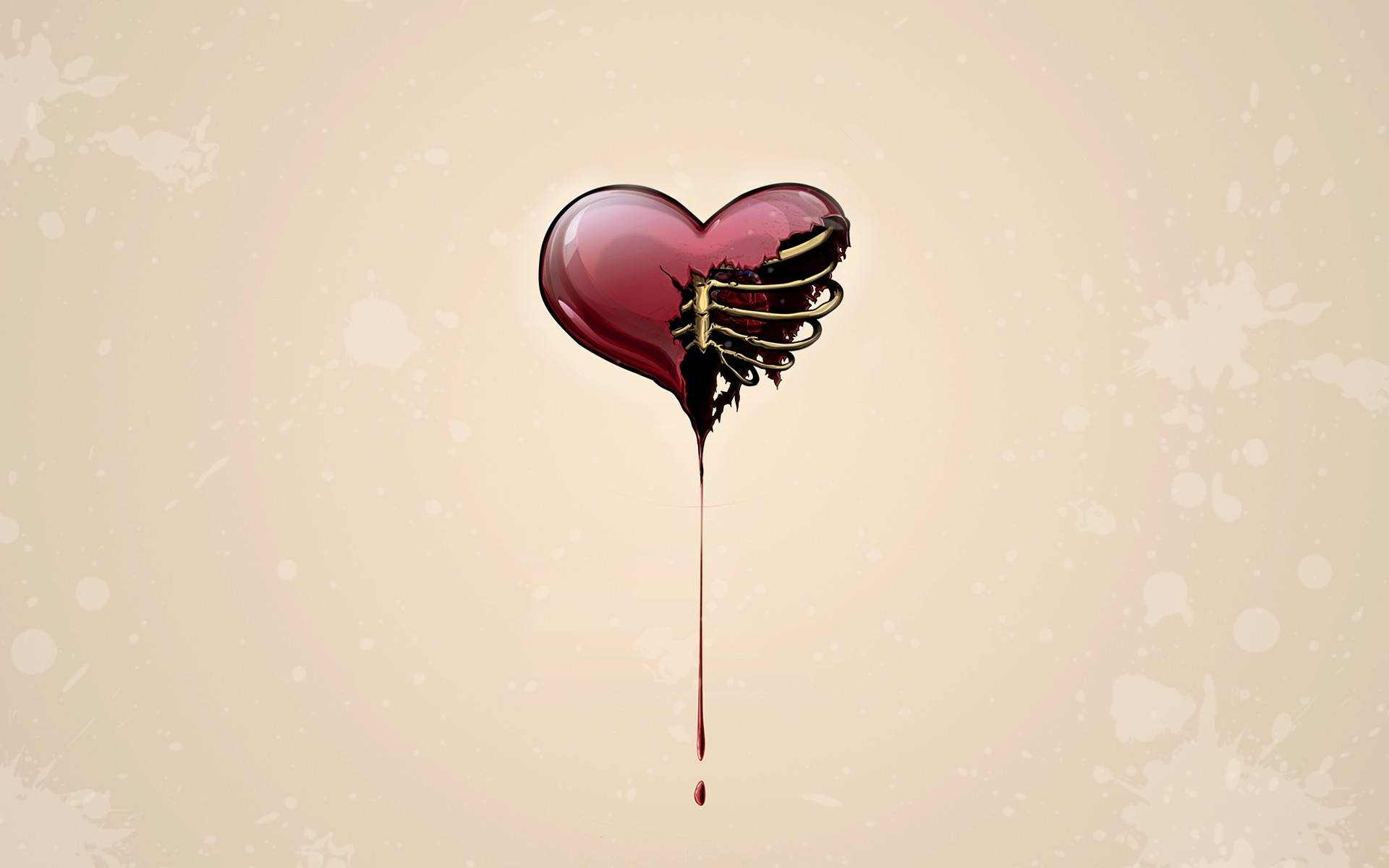 Cute Heart 桌布 壁紙 — 一個閃亮的紅色心臟，裡面有金色骨架，在米色潑濺背景上滴血。