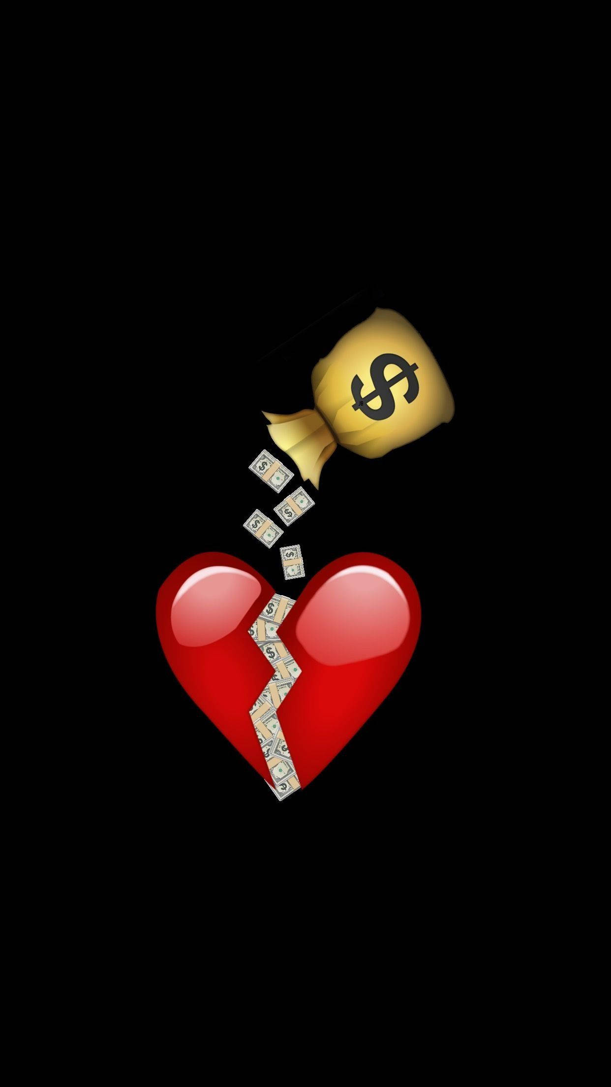 Broken Heart iPhone 桌布 壁紙 — 一個閃亮的紅色破碎心臟，裝滿了從上方錢袋倒出的美元鈔票，背景為黑色。