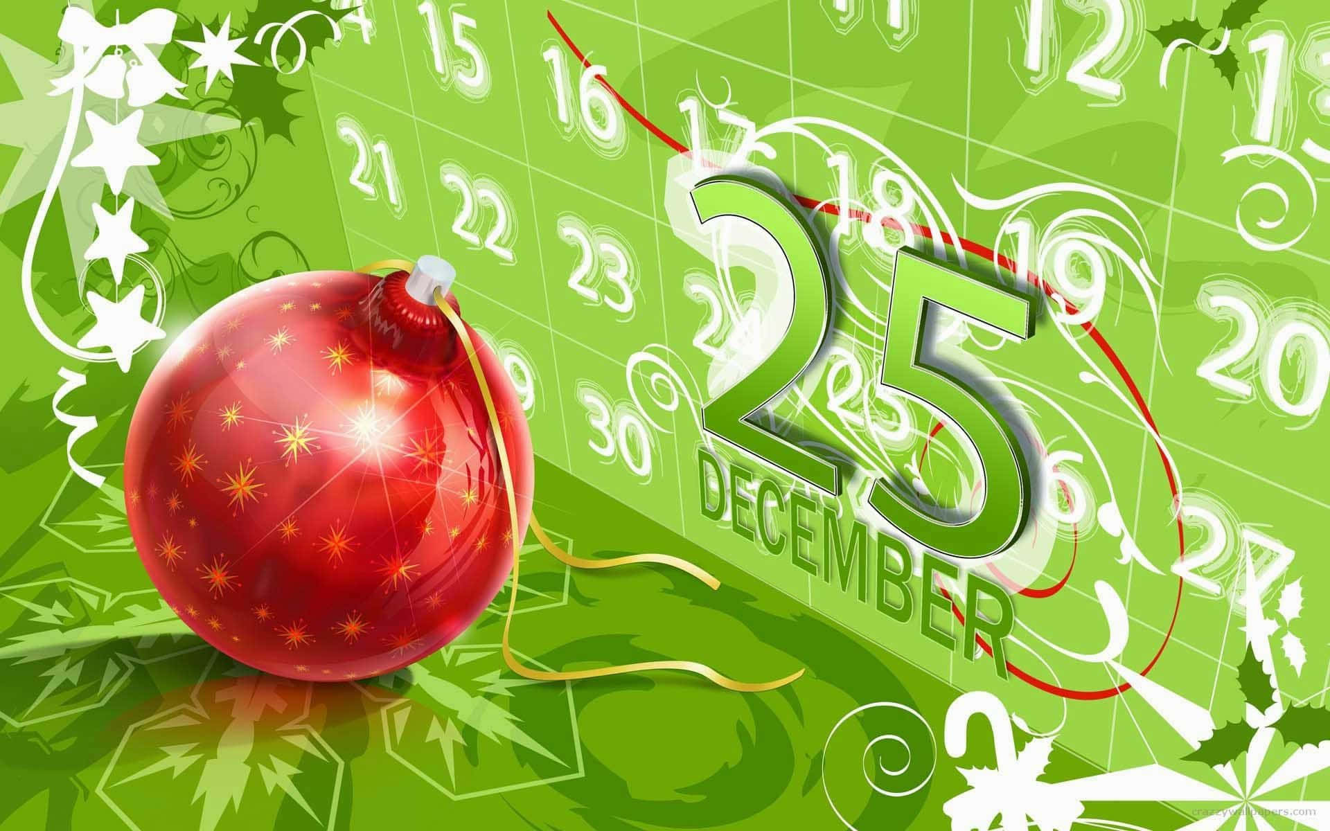 Christmas Countdown 桌布 壁紙 — 一個閃亮的紅色聖誕裝飾放在一個充滿活力的綠色日曆上，標記著12月25日，帶有節日漩渦和冬青裝飾。