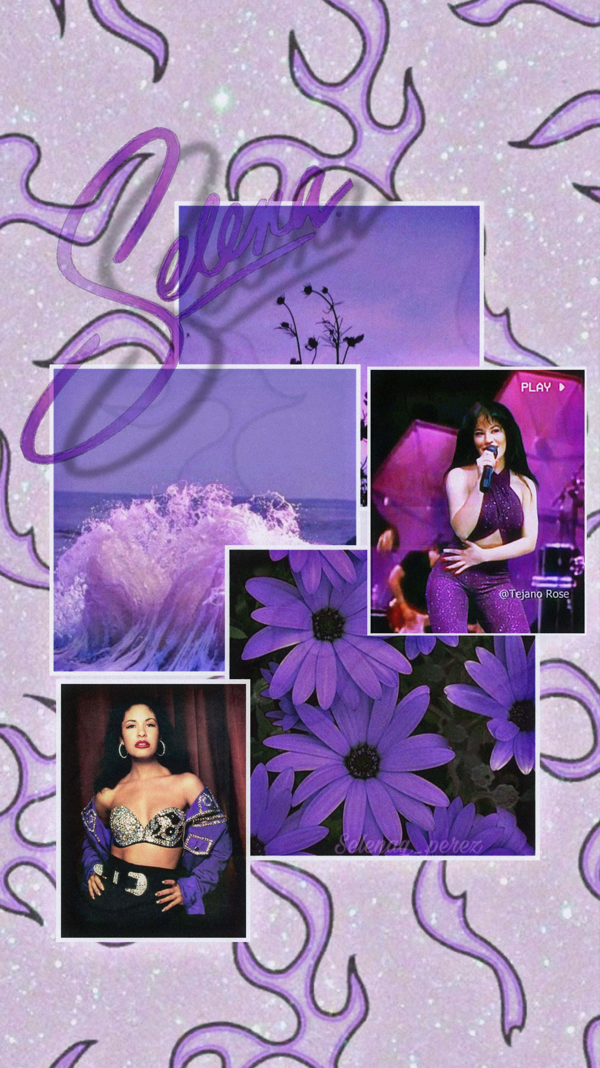 Selena Quintanilla iPhone 桌布 壁紙 — 一個閃亮的紫色拼貼畫，包含Selena Quintanilla表演和擺姿勢的照片，周圍環繞著鮮花和海浪。