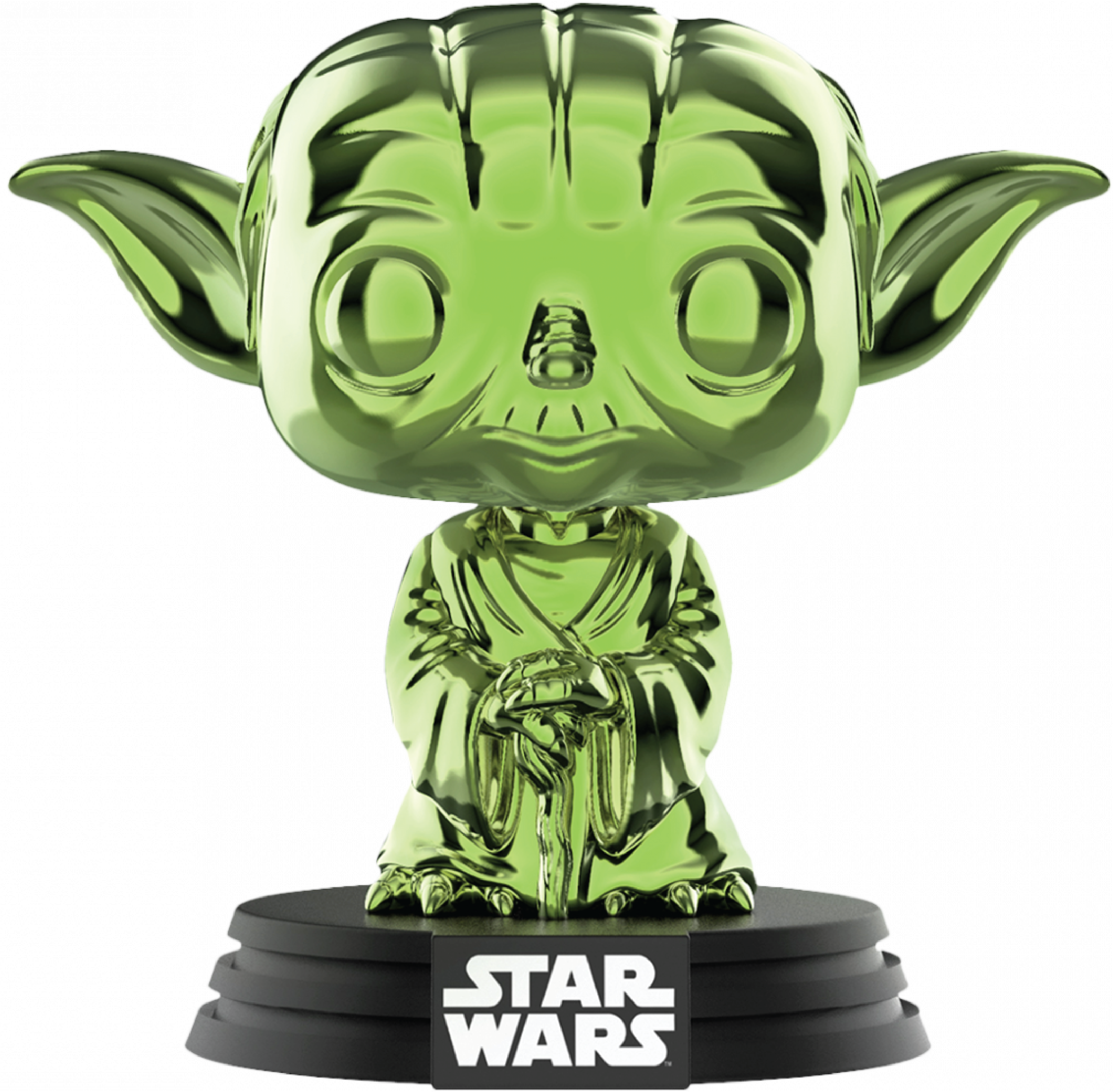 尤達 桌布 壁紙 — 一個閃亮的綠色鉻合金尤達 Funko Pop 公仔坐在黑色 Star Wars 底座上，背景是帶紋理的銀色背景。