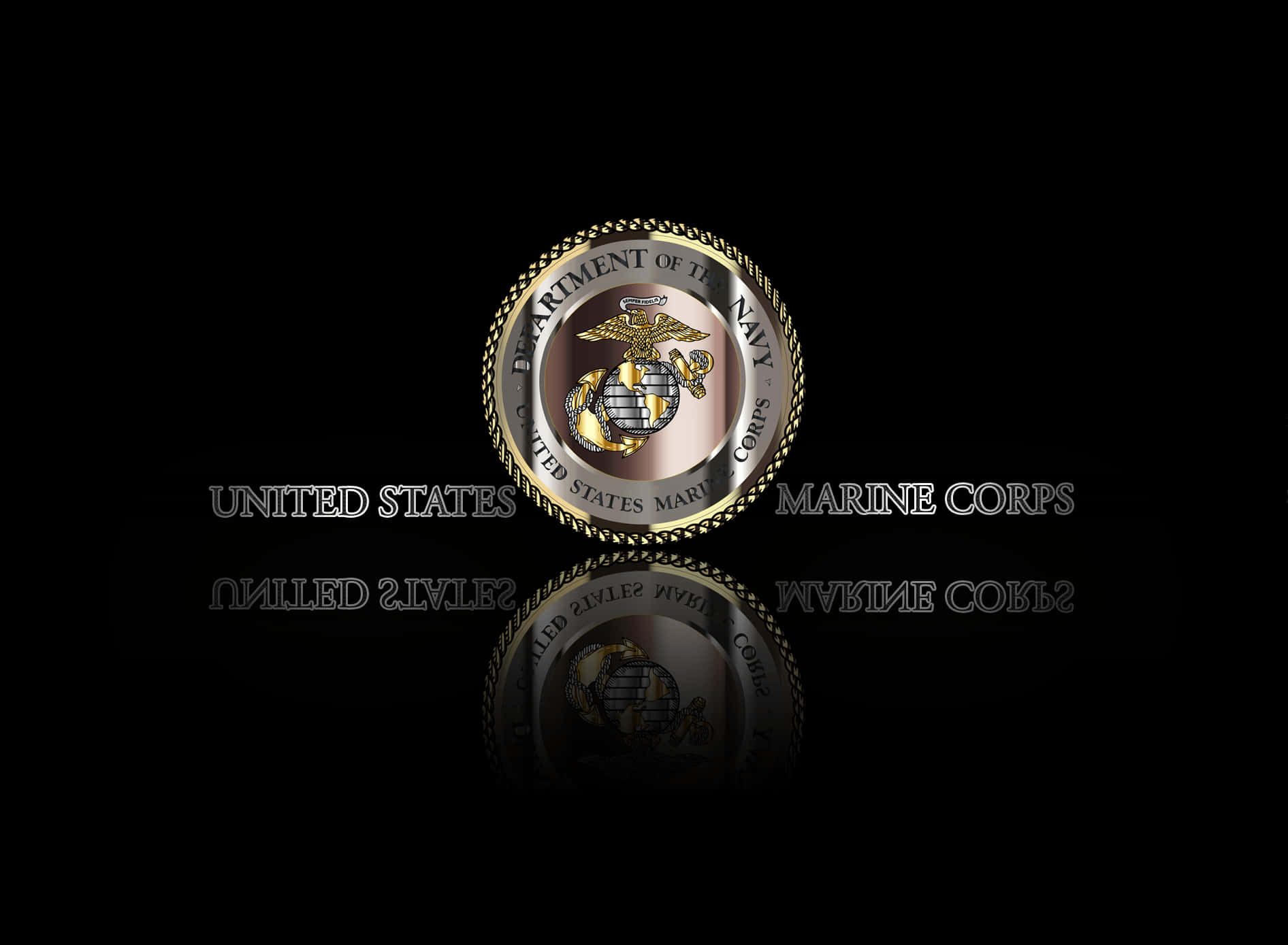 Usmc 桌布 壁紙 — 一個閃亮的美國海軍陸戰隊徽章，帶有鷹、地球和錨，漂浮在黑色表面上的鏡像反射之上。