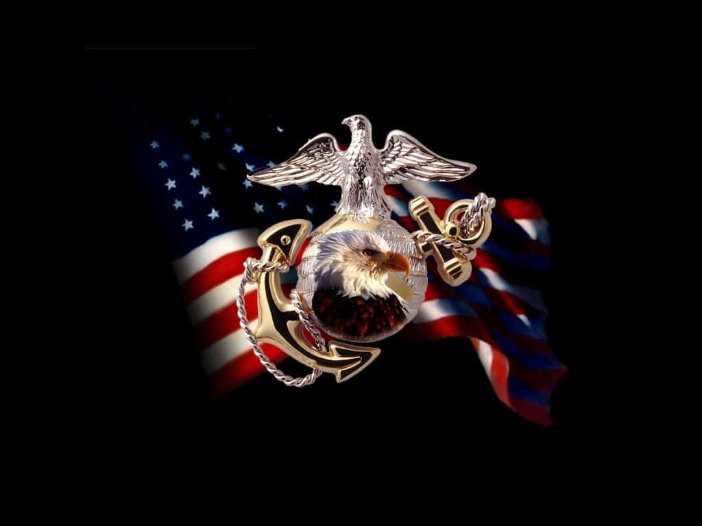 US Marines 桌布 壁紙 — 一個閃亮的美國海軍陸戰隊鷹、地球、錨徽章，置中於黑色背景上飄揚的美國國旗前。