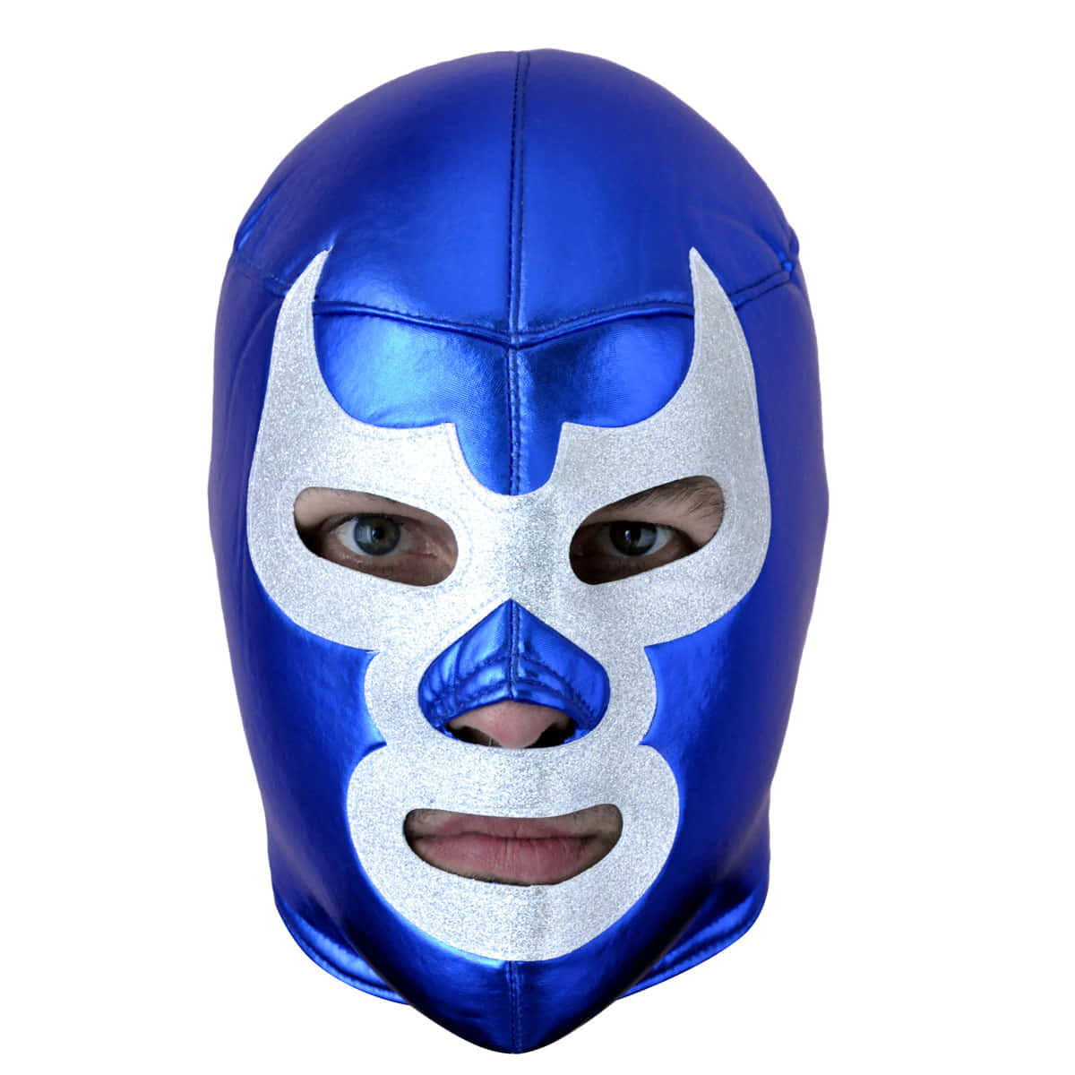 Mexican 桌布 壁紙 — 一個閃亮的藍色和銀色自由式摔角面具，設計大膽，覆蓋面部，背景為白色。