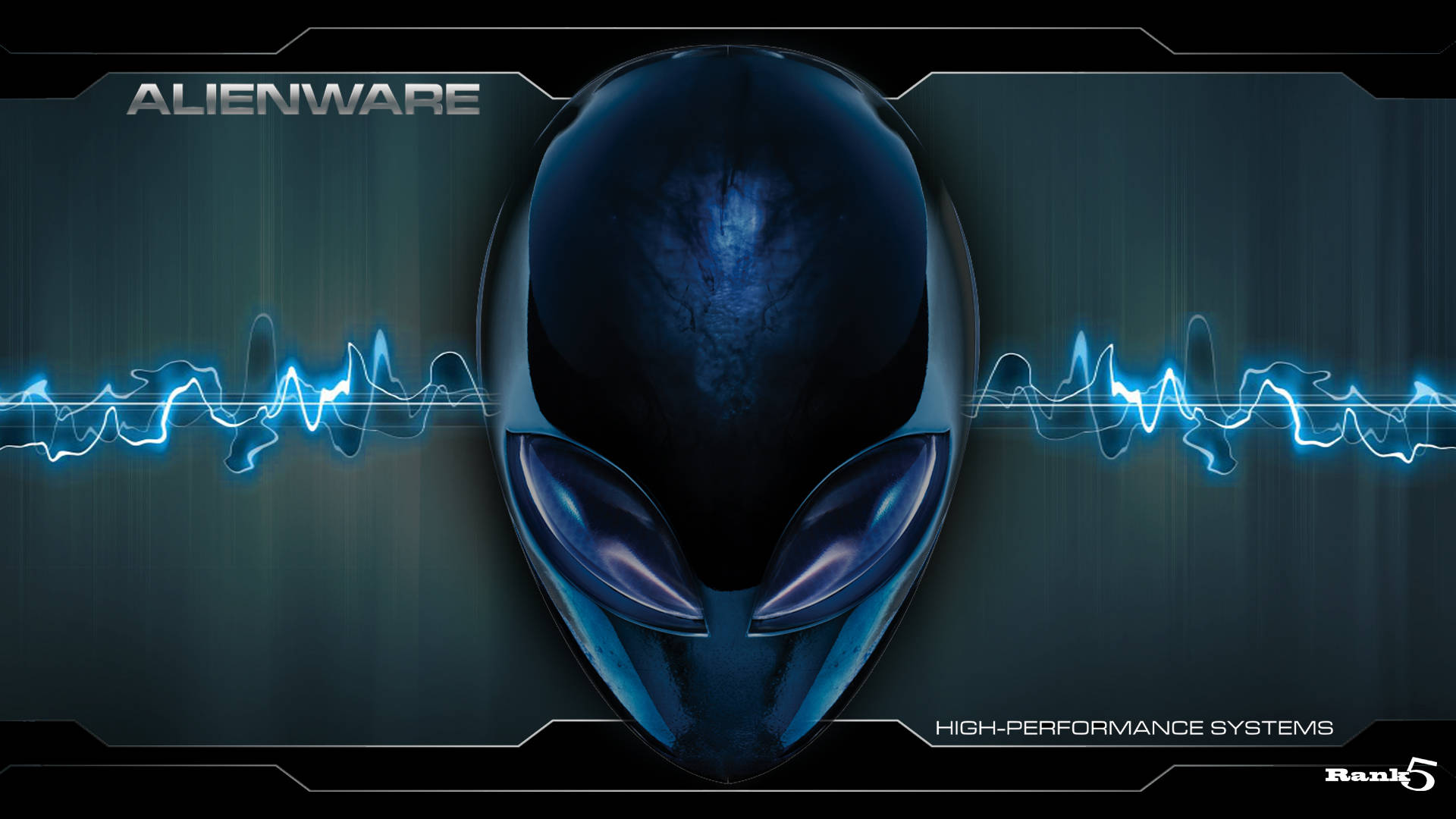 white alienware 桌布 壁紙 — 一個閃亮的藍色外星人頭標誌，居中於深色科技主題背景，帶有發光的藍色能量波。