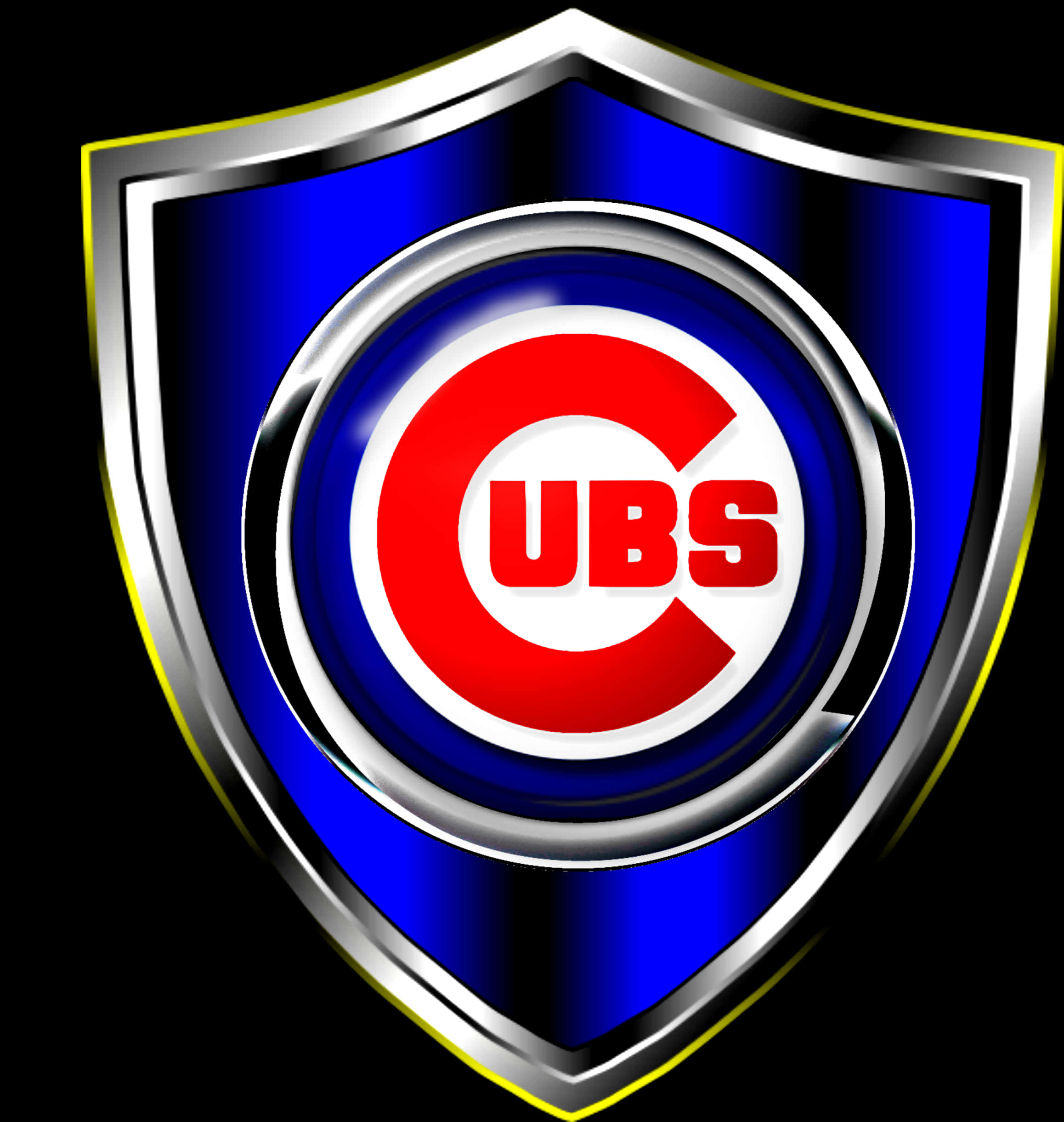 Chicago Cubs Logo 桌布 壁紙 — 一個閃亮的藍色盾牌，帶有銀色邊框和黃色邊緣，在白色圓圈上顯示一個粗體的紅色C和紅色字母'CUBS'。