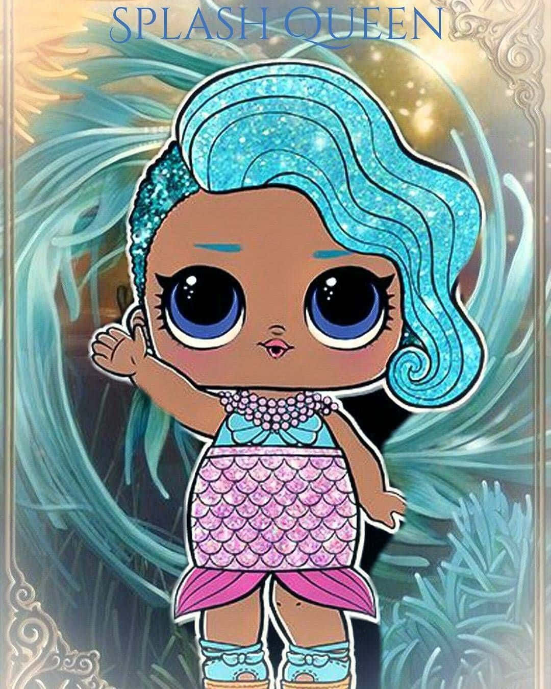 Lol Doll 桌布 壁紙 — 一個閃亮的藍髮大眼美人魚公仔在裝飾金邊框內的水下場景中揮手。