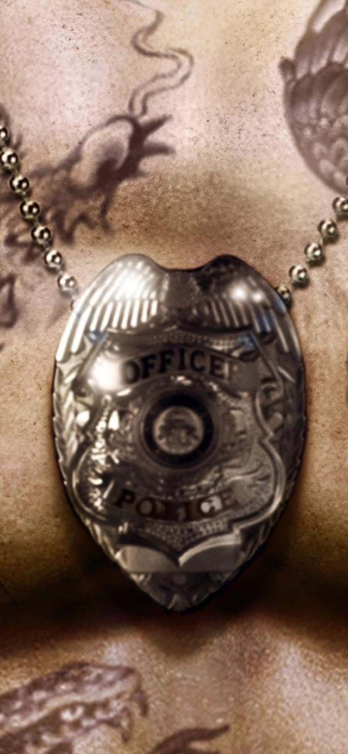 Police Badge 桌布 壁紙 — 一個閃亮的警察徽章掛在球鏈上，背景是皮膚上褪色的刺青。