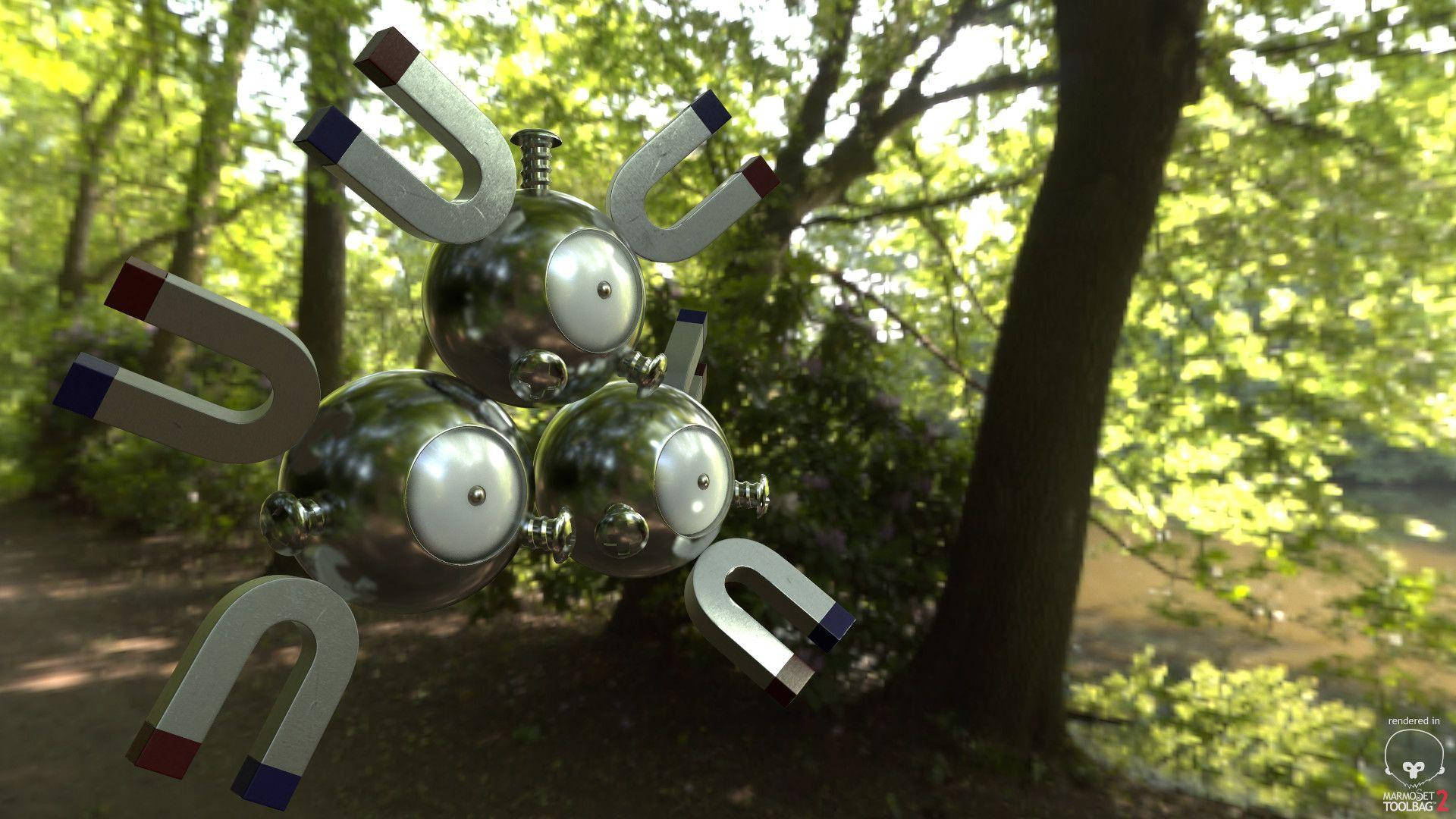 森林 桌布 壁紙 — 一個閃亮的金屬機器人，帶有磁力四肢，漂浮在陽光普照的森林樹木之間。