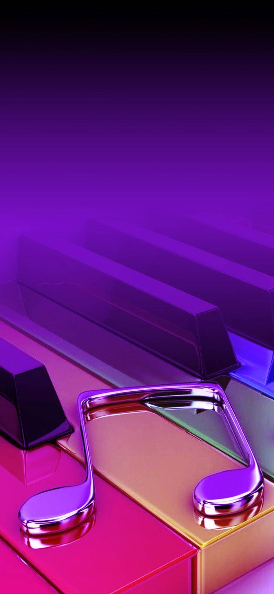 Piano 桌布 壁紙 — 一個閃亮的金屬音樂符號放在充滿活力的漸變鋼琴琴鍵上，在深紫色光芒下。