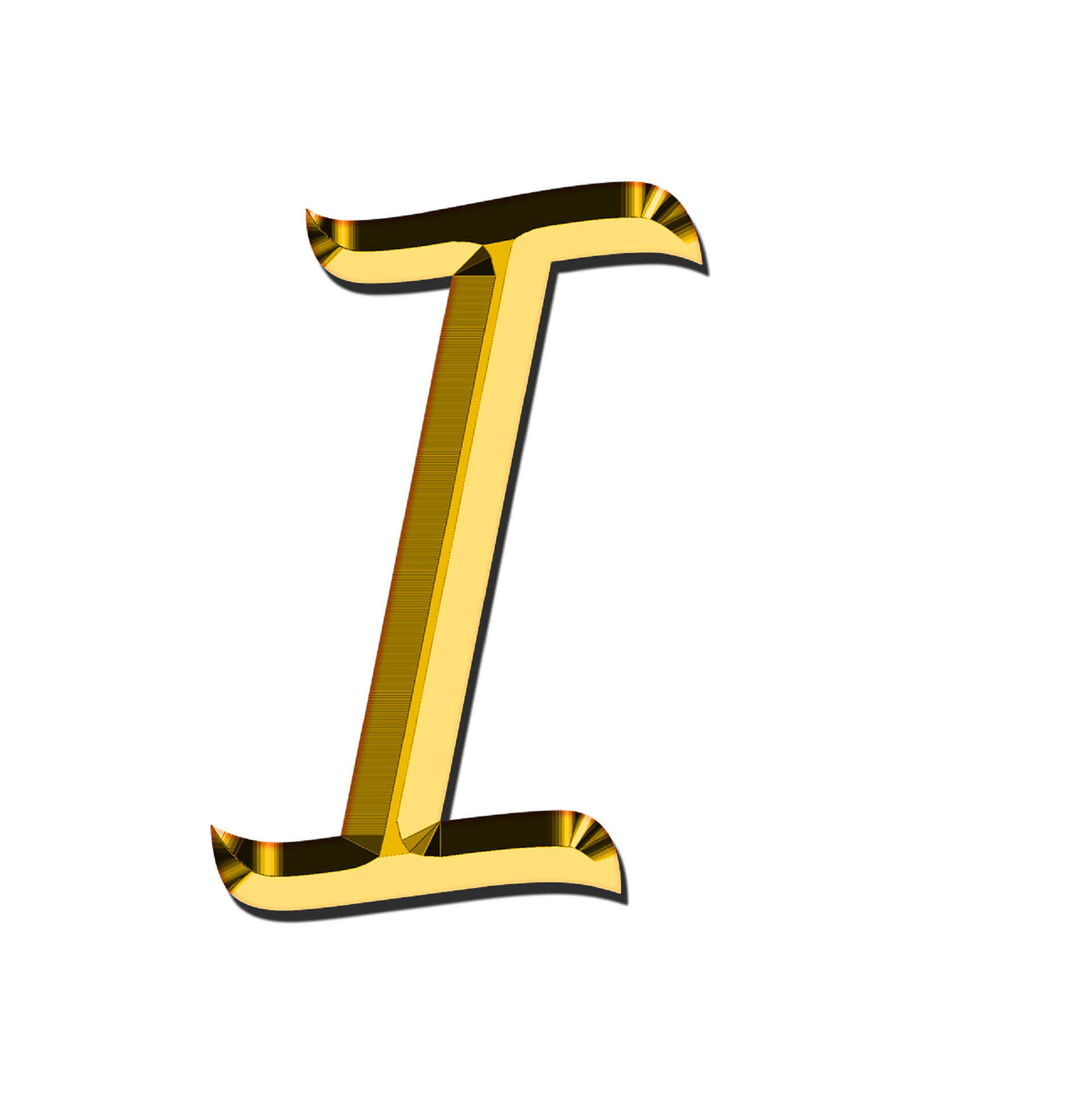 Letter I 桌布 壁紙 — 一個閃亮的金色字母 I，帶有拋光金屬高光和柔和陰影，背景為純白色。