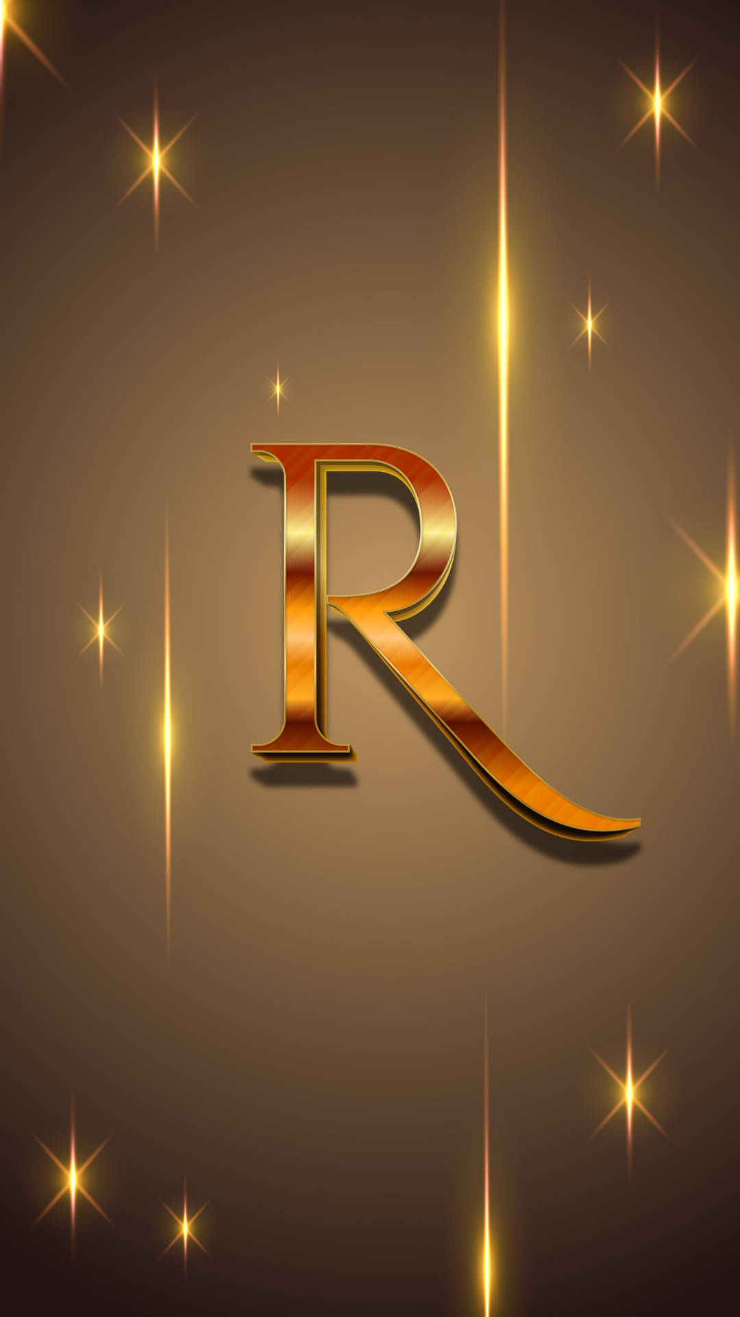 深棕色背景上帶有閃爍星星和光束的金色字母R。 — 字母動畫 壁紙
