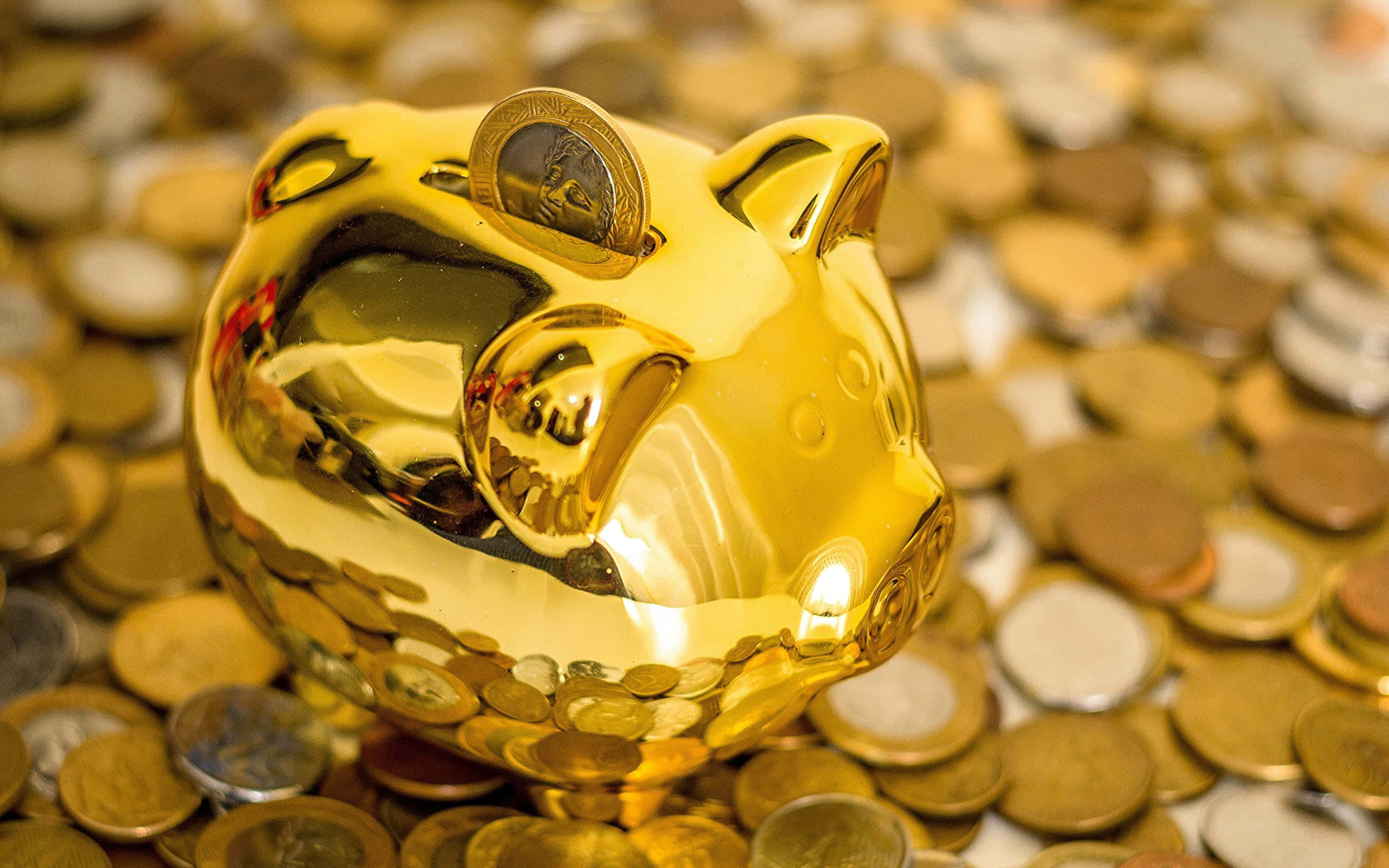 金融 桌布 壁紙 — 一個閃亮的金色小豬撲滿放在一堆散落的硬幣上，反射出溫暖的光線。