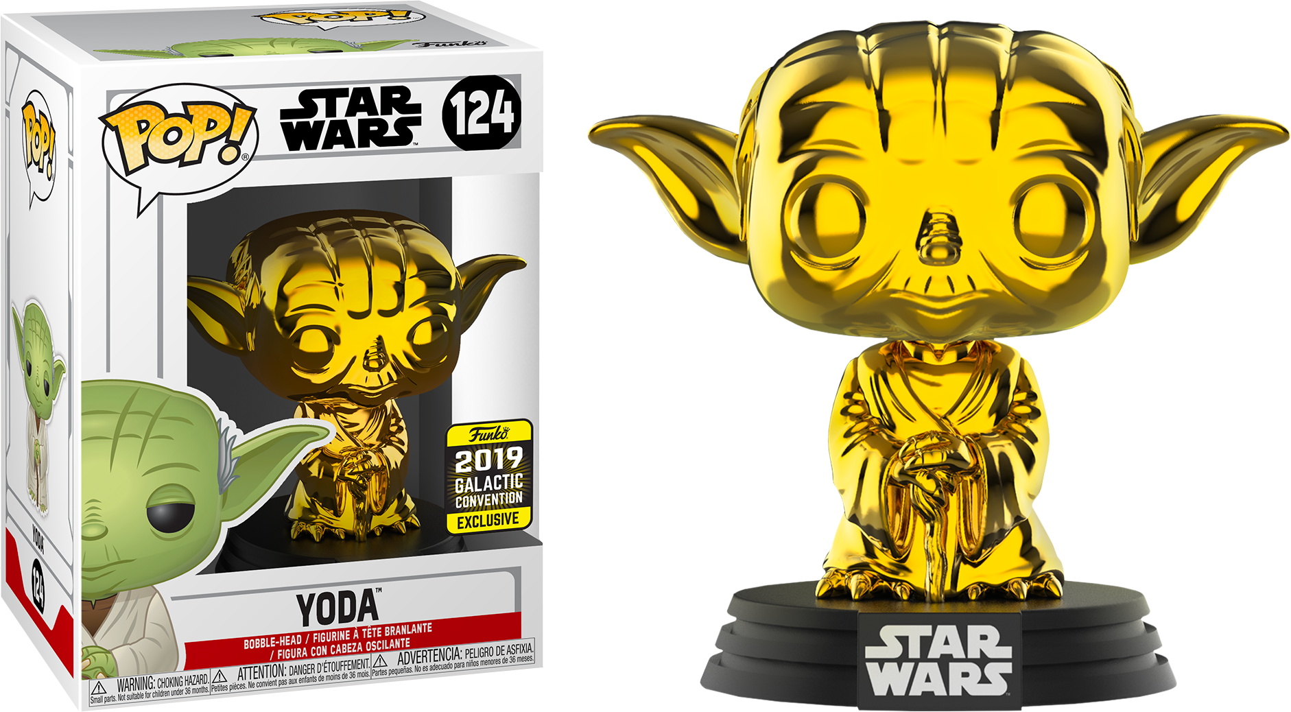 尤達 桌布 壁紙 — 一個閃亮的金色尤達 Funko Pop! 人偶與其2019年銀河大會限定盒一起放在黑色背景前。