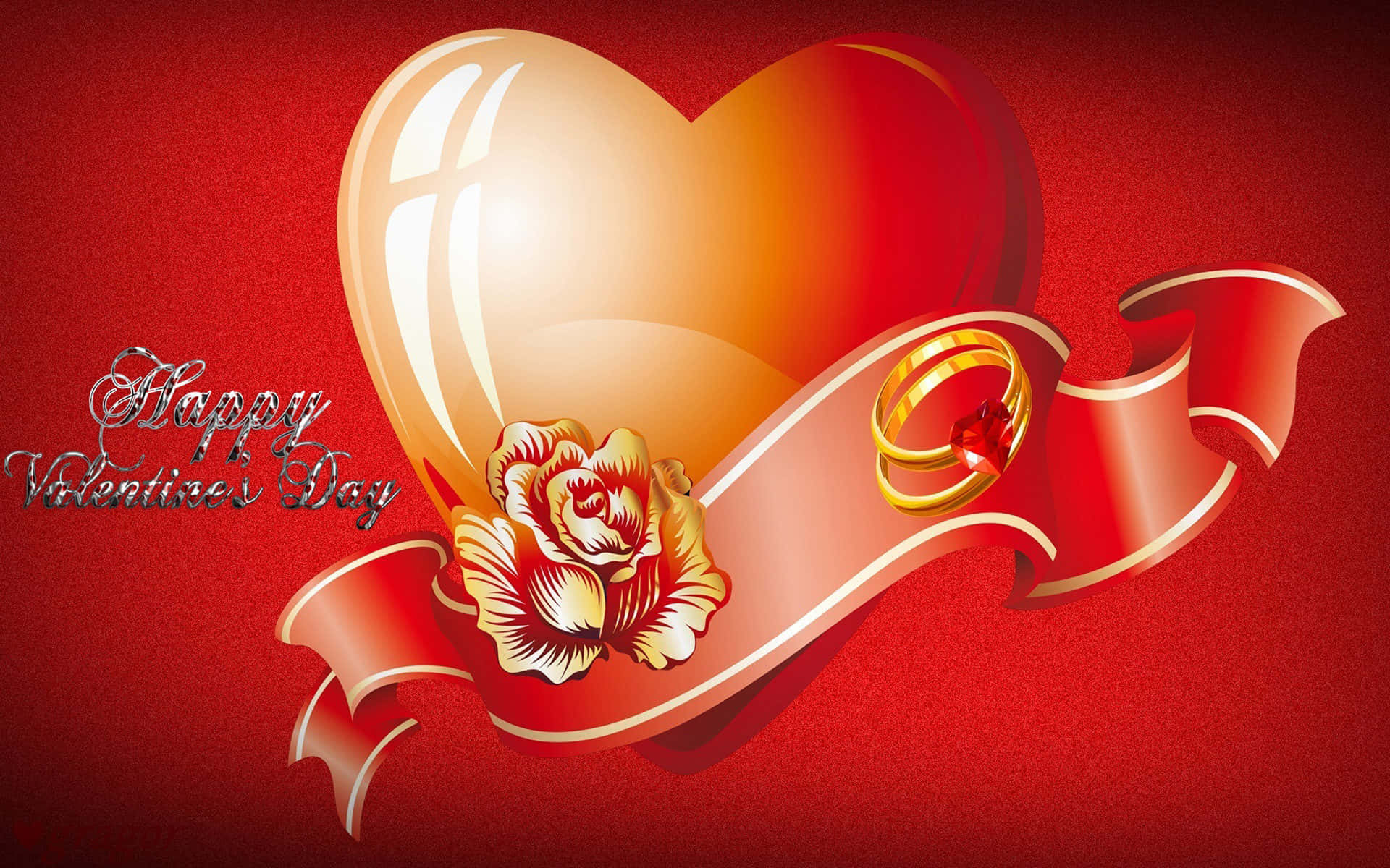 Happy Valentines Day 桌布 壁紙 — 一個閃亮的金色心形，配以紅玫瑰和結婚戒指，置於飄逸的絲帶上，背景是豐富的紅色紋理。