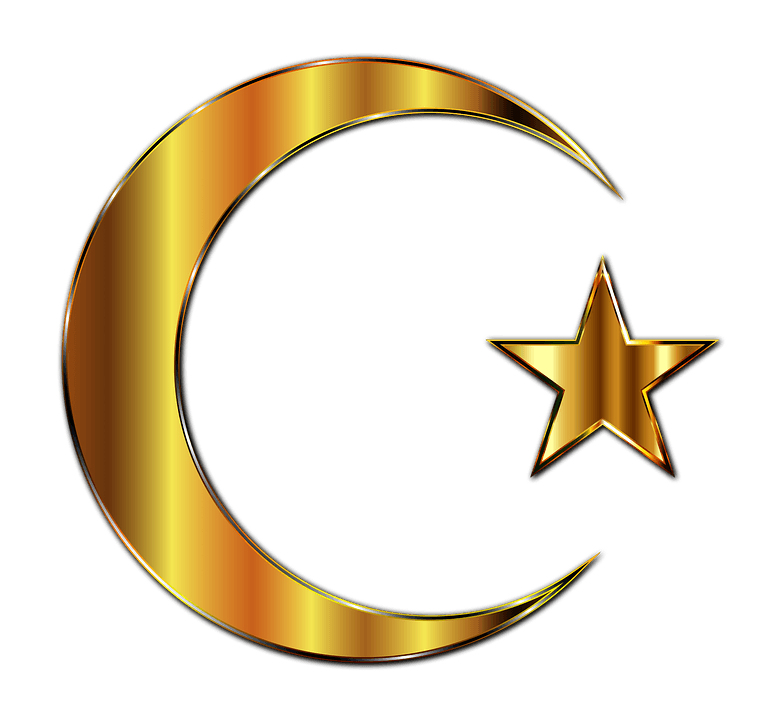 muslim 桌布 壁紙 — 一個閃亮的金色新月和星星標誌，置於帶有金屬光澤的柔和青綠色背景上。