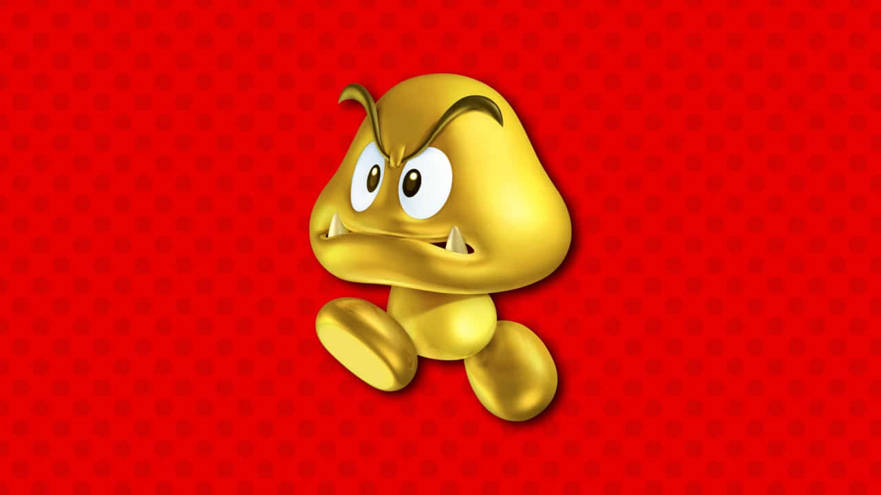 Goomba 桌布 壁紙 — 一個閃亮的金色栗寶寶，帶著憤怒的眼睛和尖牙，漂浮在紅色圓點背景上。