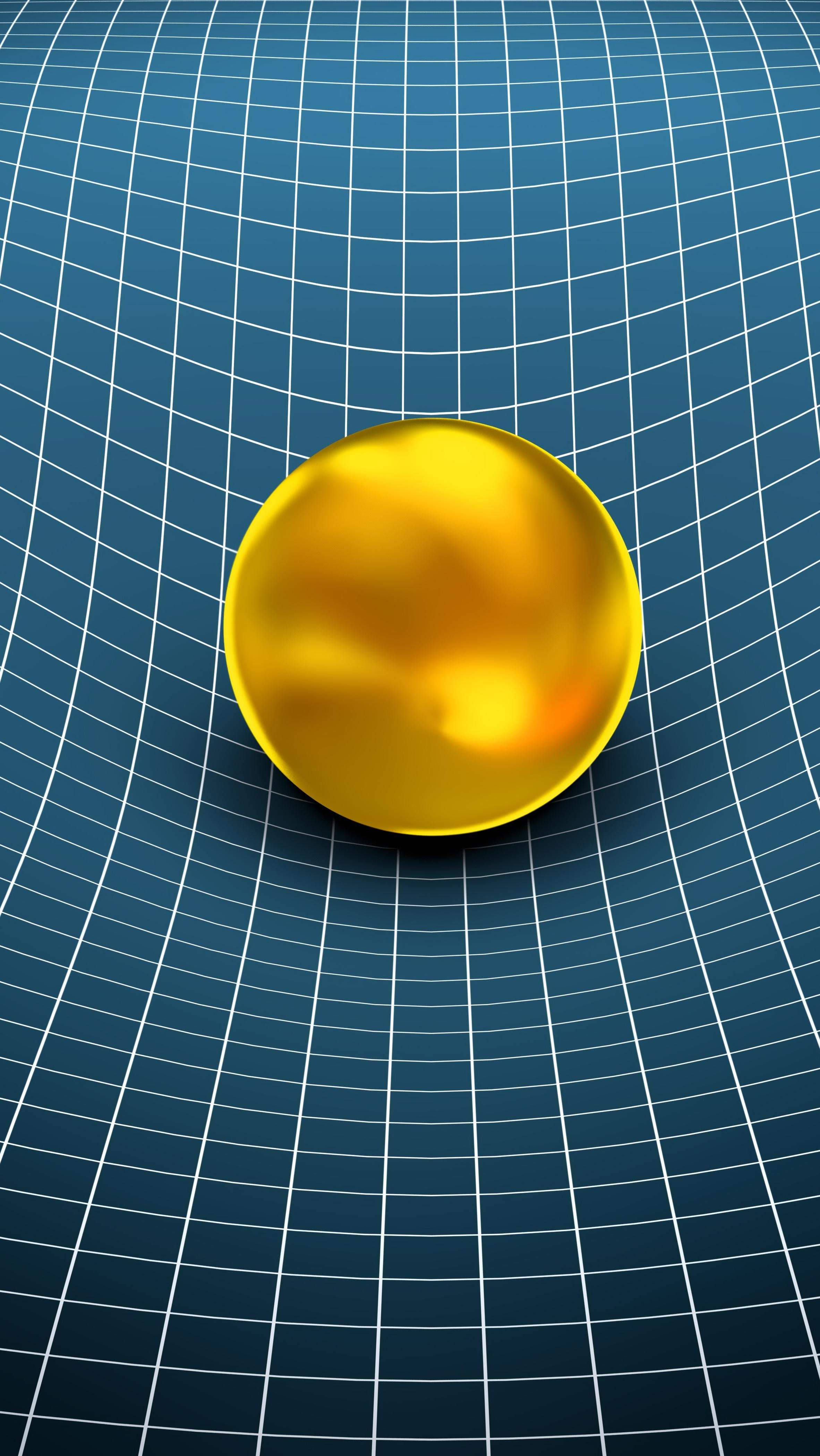 mobile 3d 桌布 壁紙 — 一個閃亮的金色球體放置在藍色網格背景上，白色線條向中心匯聚。