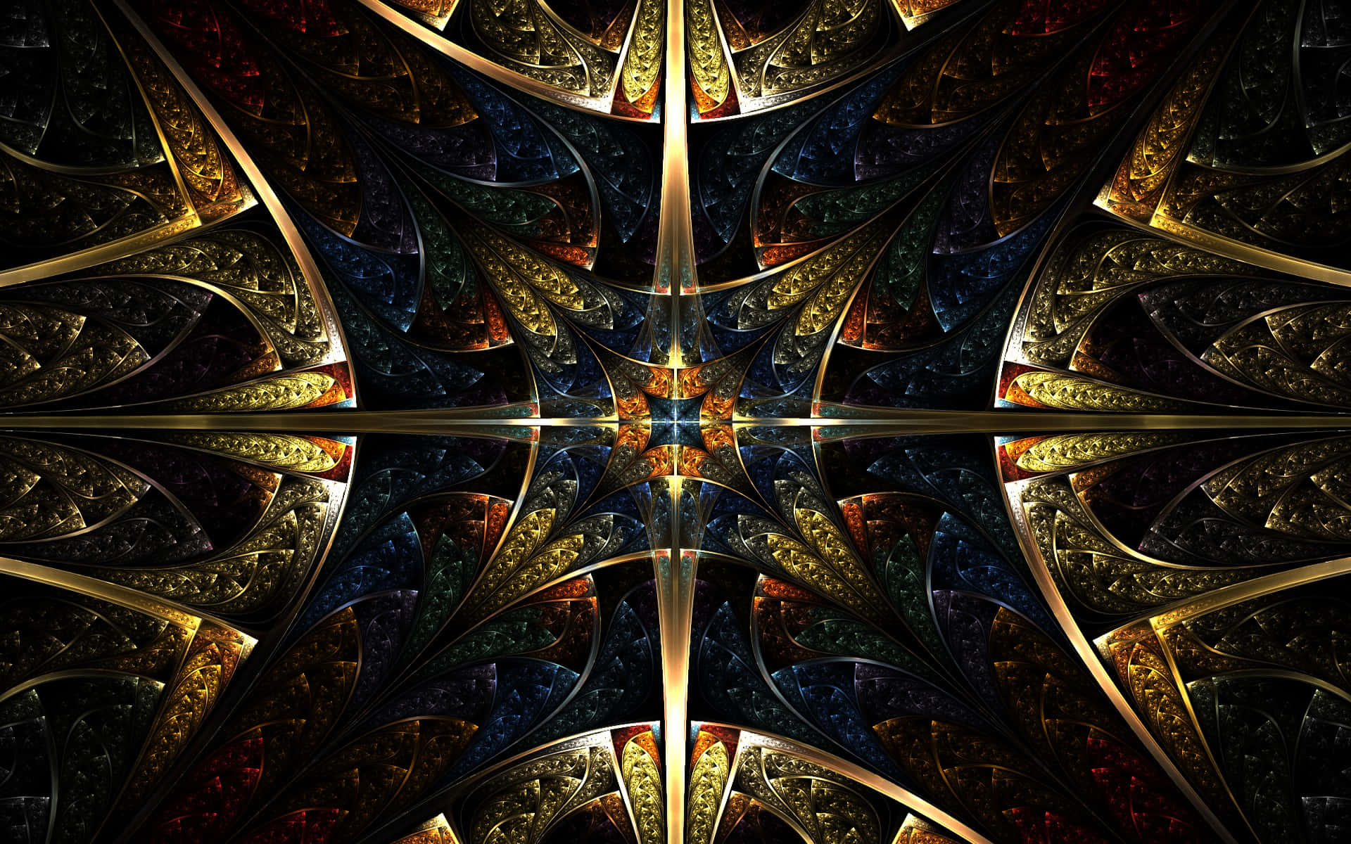 碎形 桌布 壁紙 — 一個閃亮的金色碎形星爆從中心點輻射出來，背景為深藍色和紅色，帶有複雜的金屬圖案。