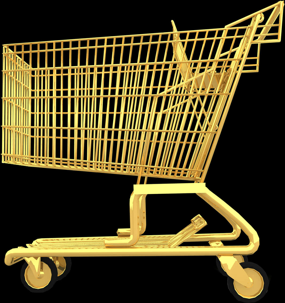Shopping Cart 桌布 壁紙 — 一個閃亮的金色購物車，孤立在黑色背景上，帶有反光的金屬表面。