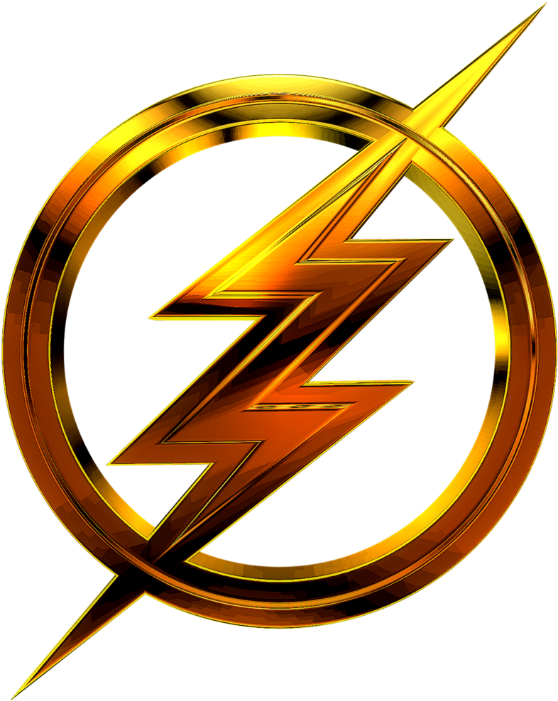 The Flash Logo 桌布 壁紙 — 一個閃亮的金色閃電徽章，被一個圓環包圍，背景是柔和的青綠色。