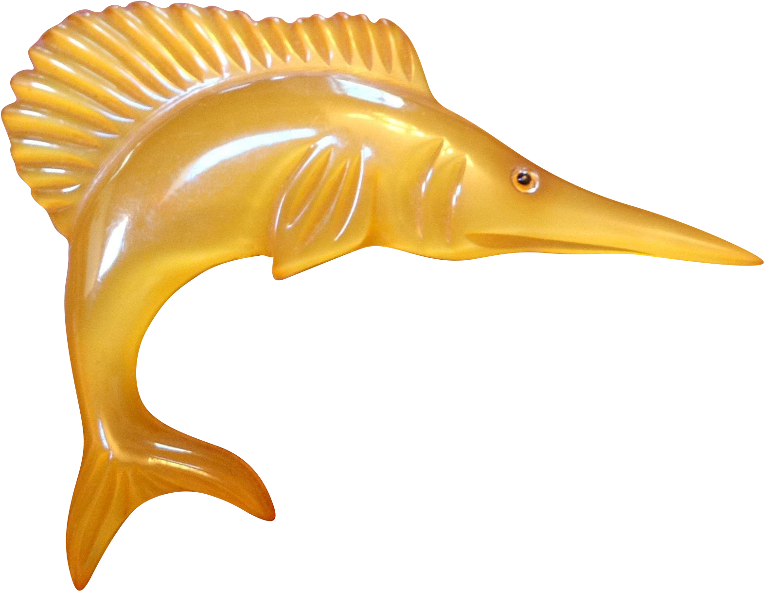 Swordfish 桌布 壁紙 — 一個閃亮的金黃色馬林魚雕塑，帶有詳細的魚鰭和長尖的鼻子，背景為黑色。