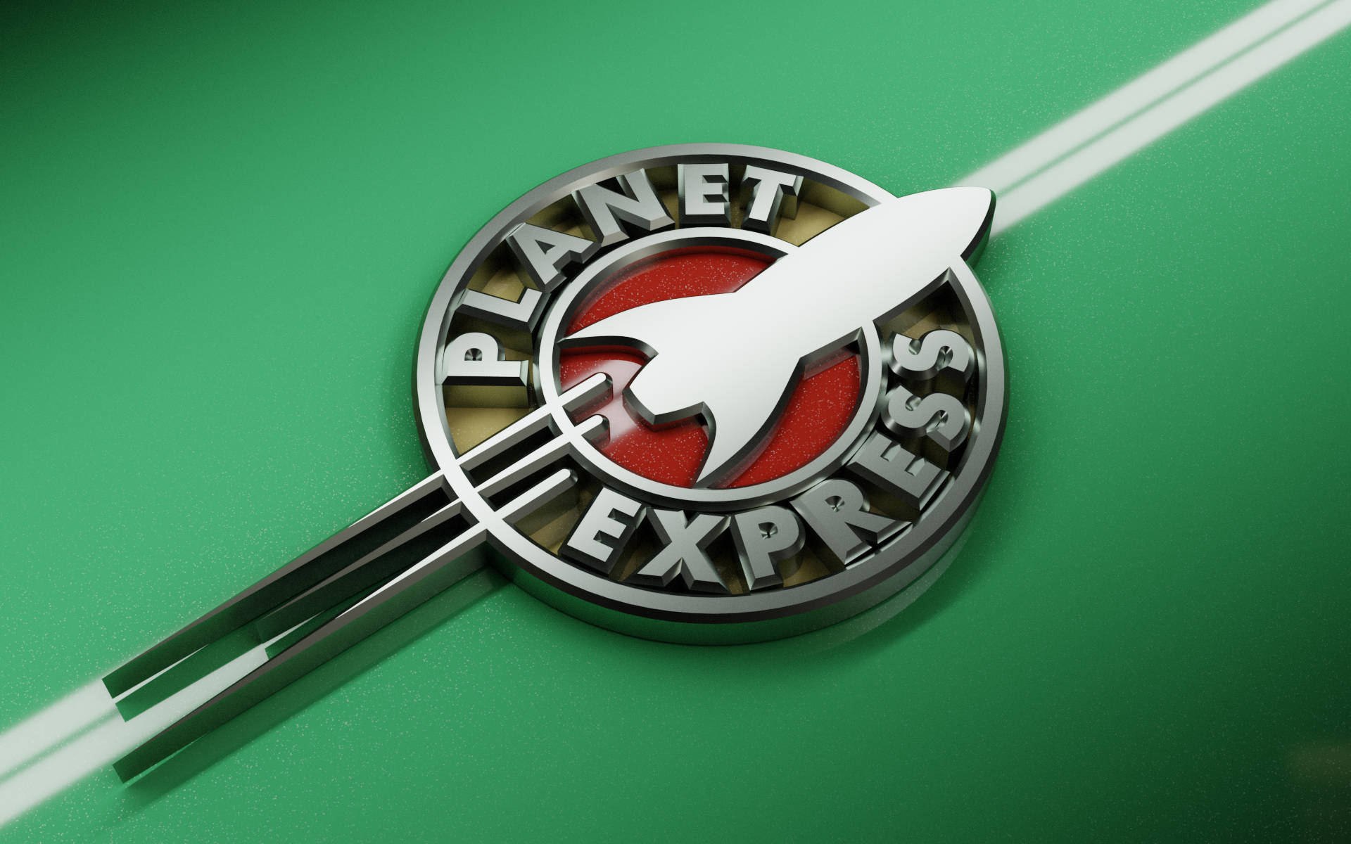 3D 桌布 壁紙 — 一個閃亮的銀色 Planet Express 標誌，帶有火箭徽章，放置在帶有白色斜條紋的鮮綠色表面上。