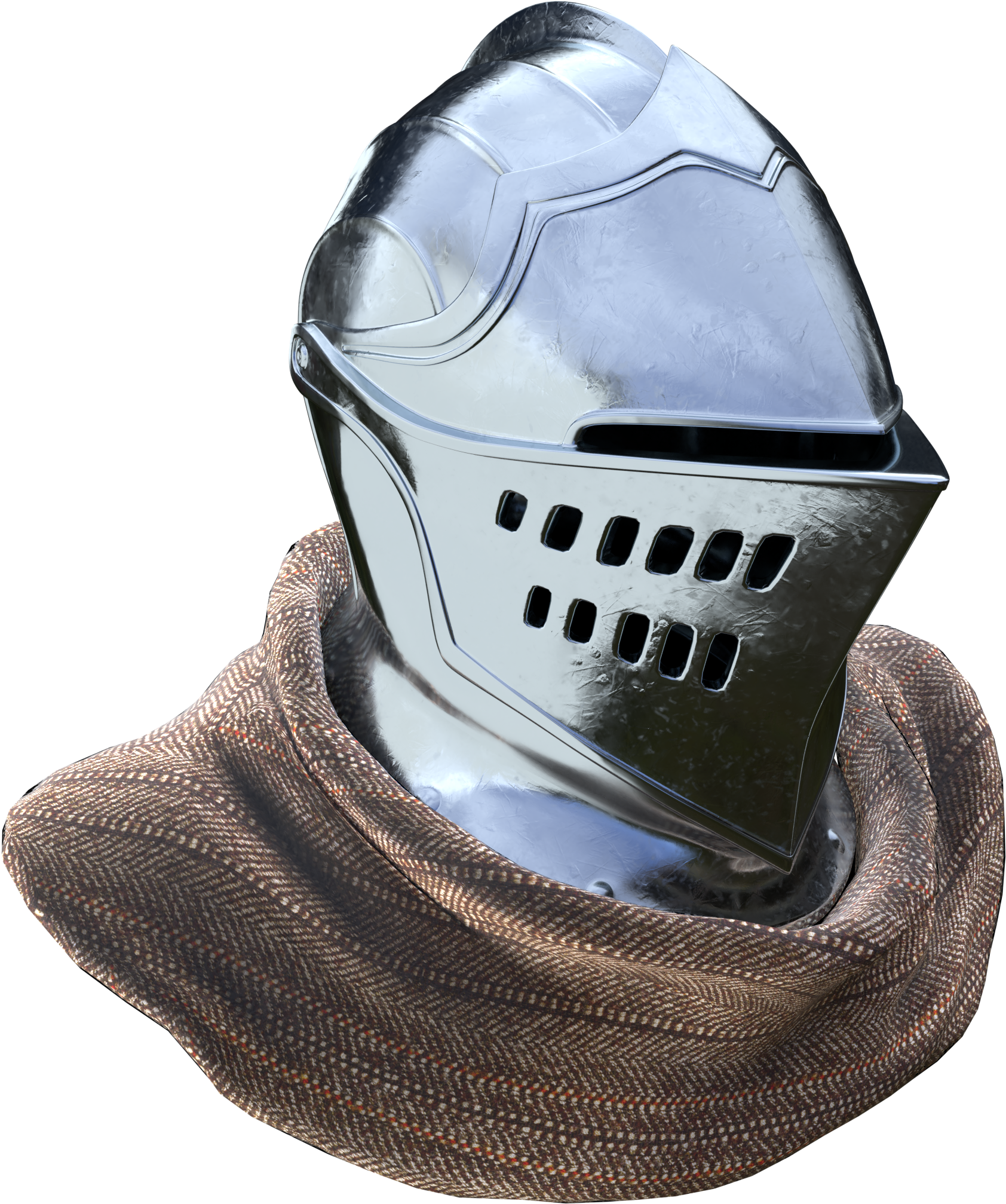 Helmet 桌布 壁紙 — 一個閃亮的銀色中世紀頭盔，脖子上圍著一條有紋理的棕色人字紋圍巾，背景為黑色。