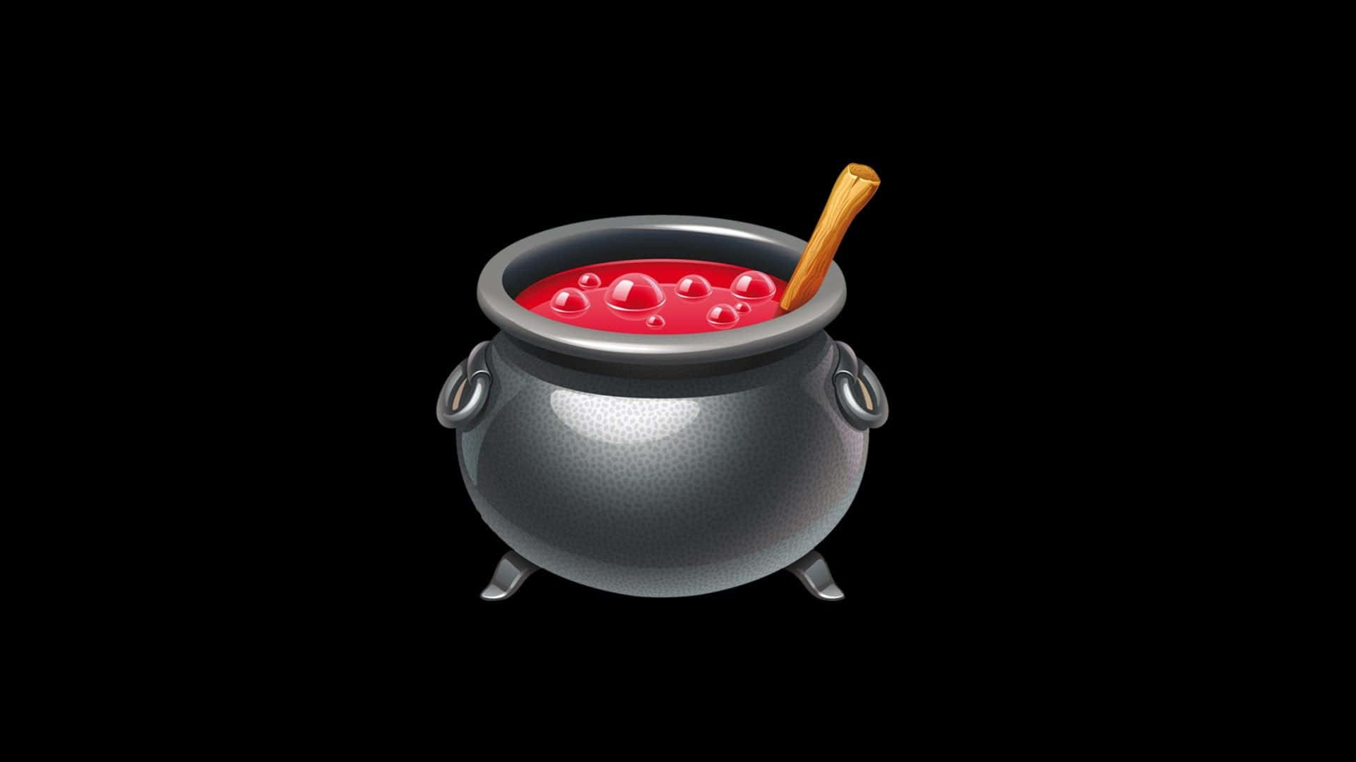 cauldron 桌布 壁紙 — 一個閃亮的銀色大鍋，裝滿冒泡的紅色藥水，配有一個木製攪拌器，背景為黑色。