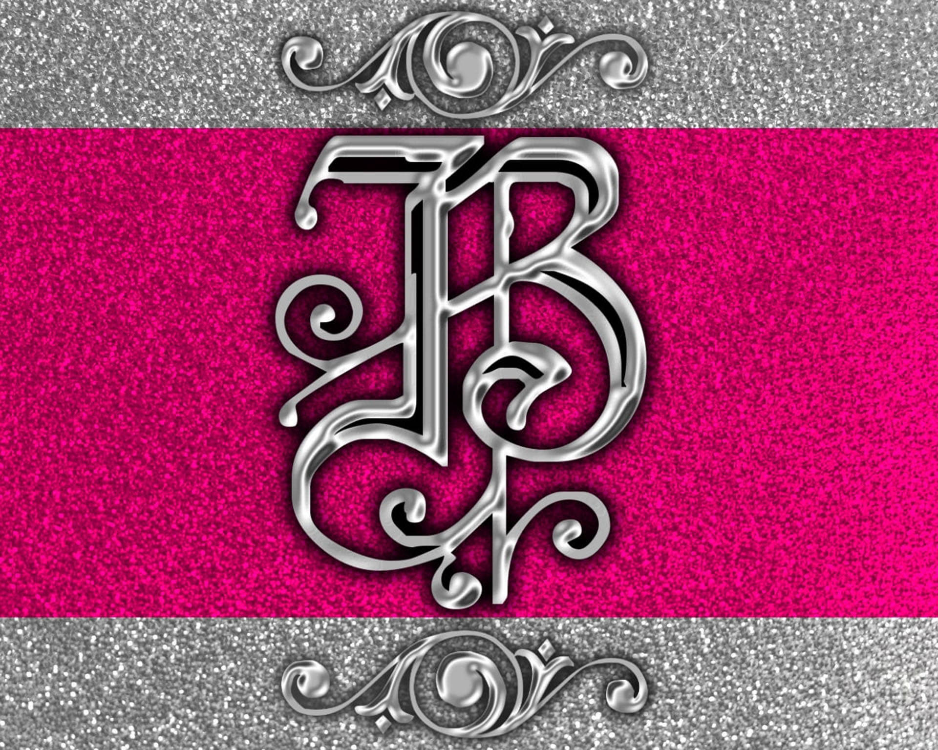 字母B 桌布 壁紙 — 一個閃亮的銀色字母組合 'JB'，採用華麗字體，居中於閃爍的洋紅色背景上，並由帶有裝飾性漩渦的銀色閃粉帶框住。