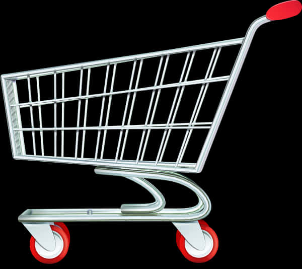 Shopping Cart 桌布 壁紙 — 一個閃亮的銀色購物車，帶有紅色輪子和把手，孤立在黑色背景上。