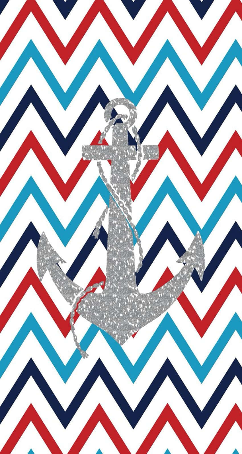 Cute 4th Of July 桌布 壁紙 — 一個閃亮的銀色錨點，居中在鮮明的紅、藍、白 zigzag 圖案背景上。