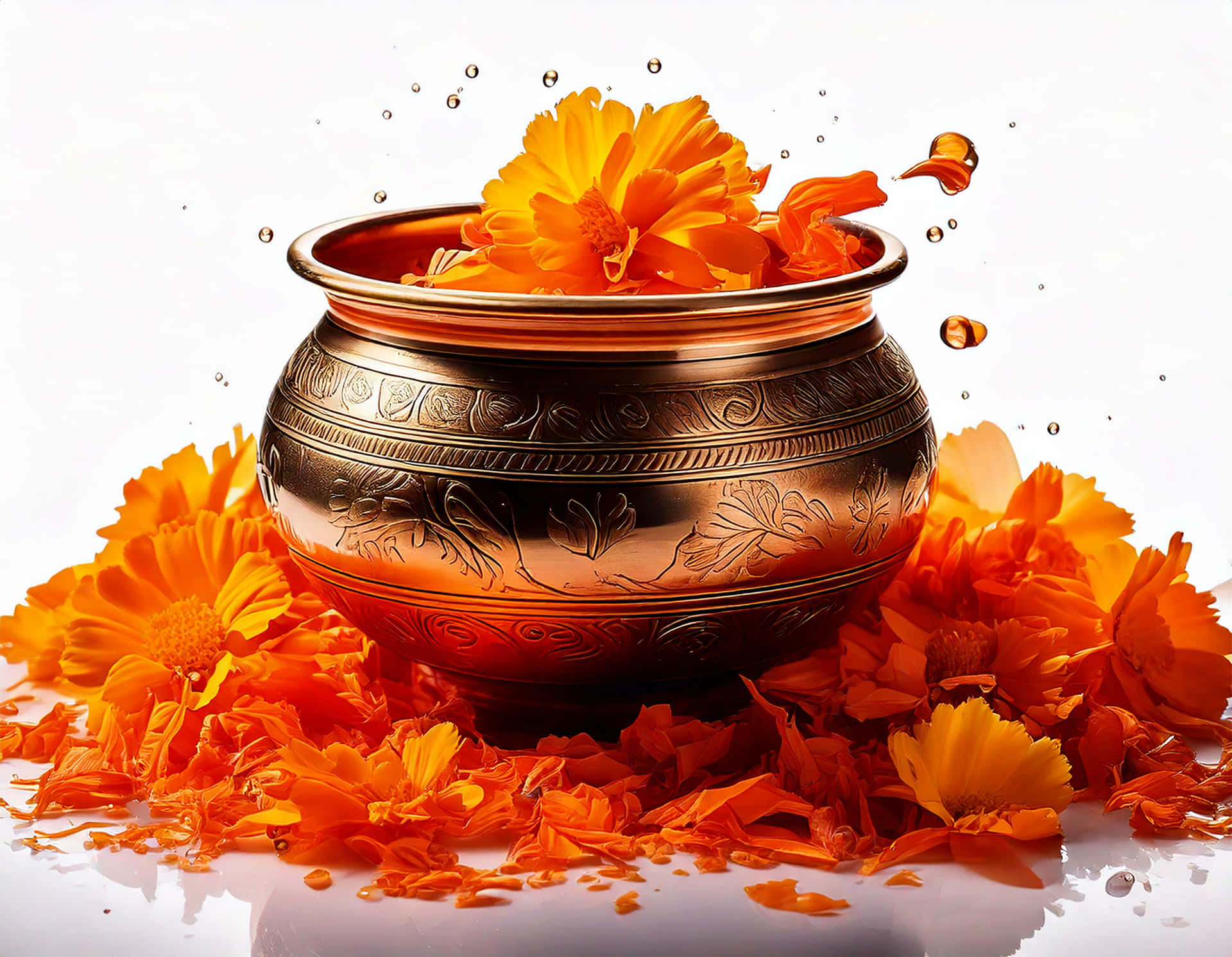 Marigold Petals 壁紙 — 一個閃亮的銅鍋，飾有花卉雕刻，盛放著鮮豔的橙色萬壽菊，水滴懸浮在空中，背景是純白色。