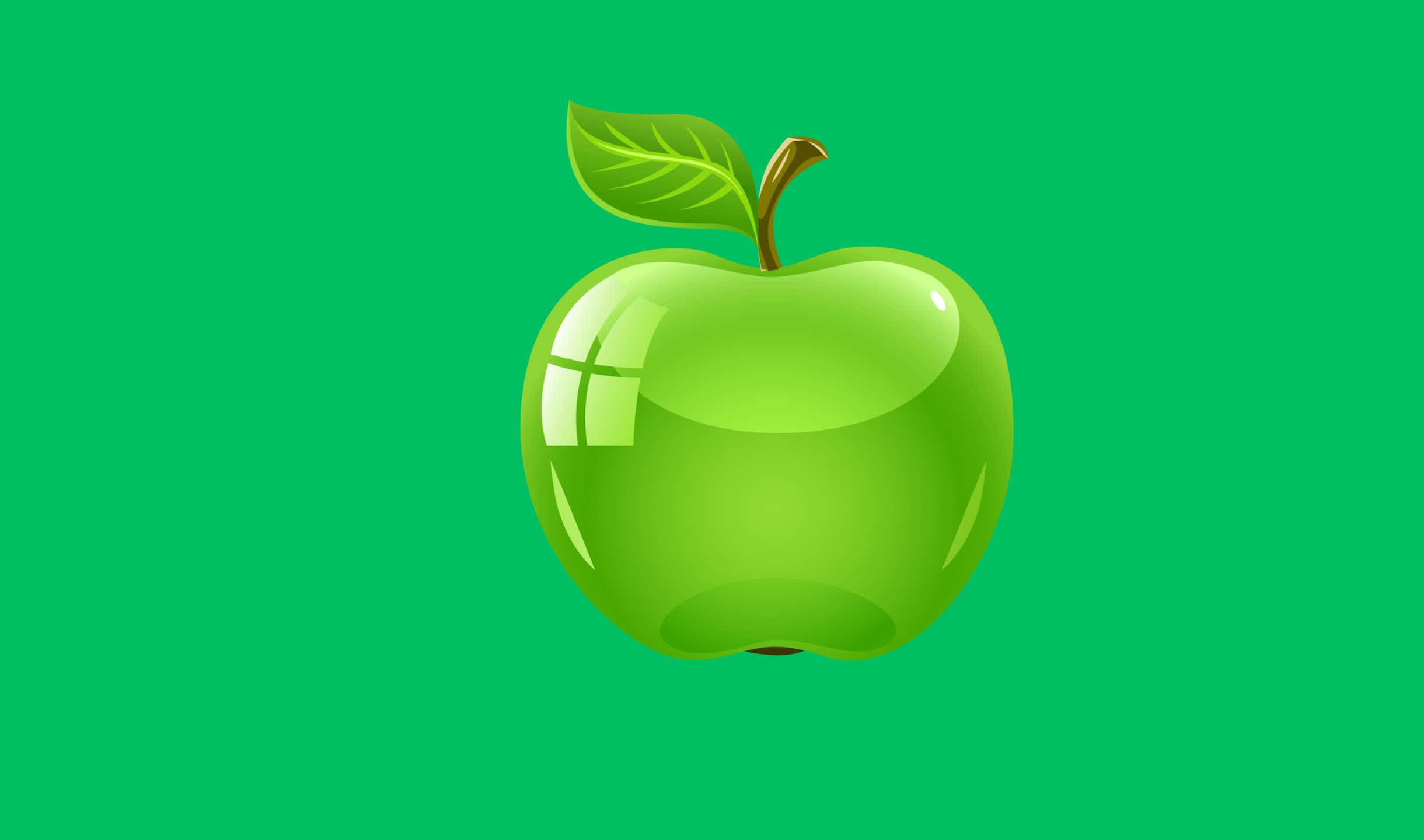 2440x1440 Apple 桌布 壁紙 — 一個閃亮的青蘋果，帶有葉子和莖，居中在純綠色背景上。