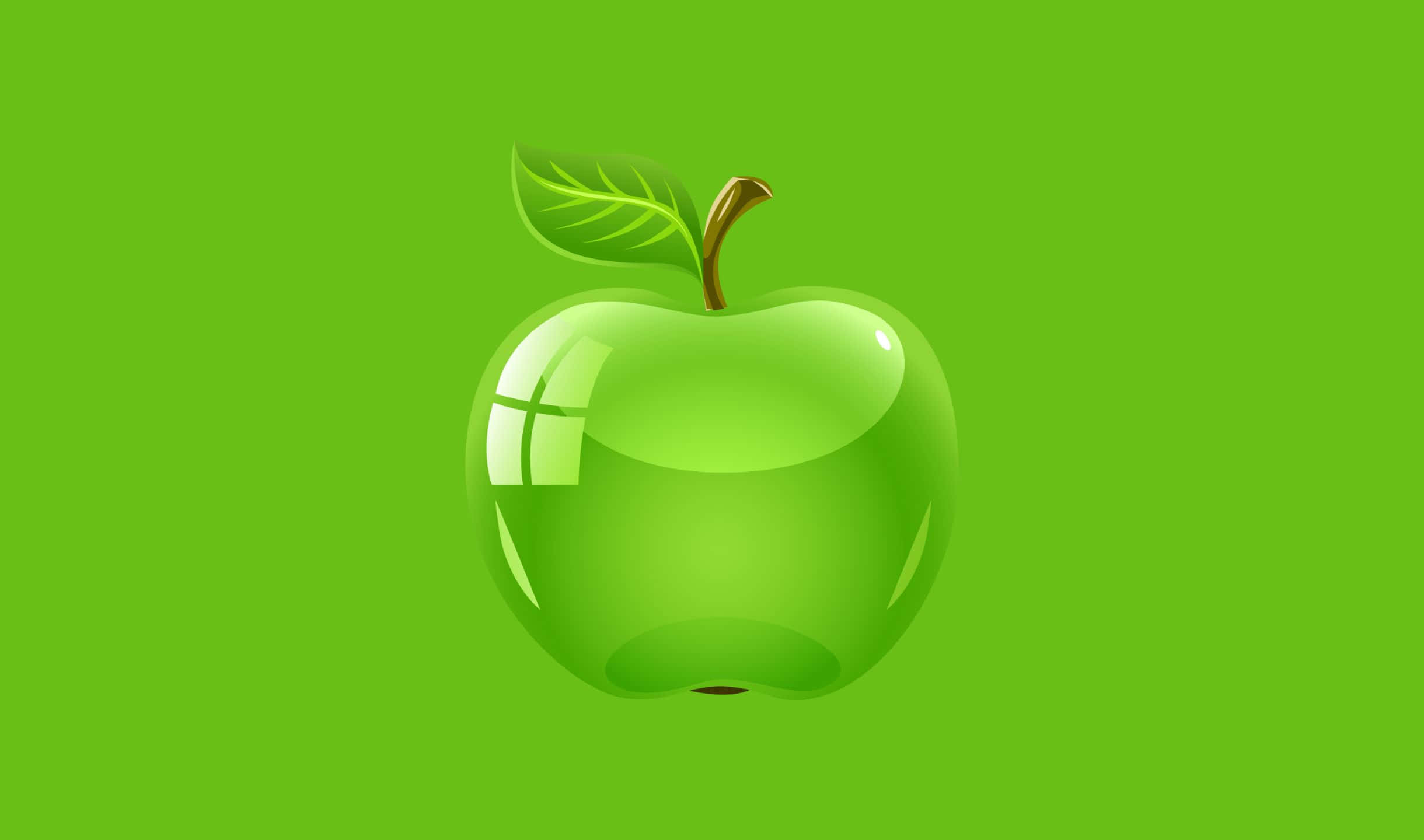 Lime Green Aesthetic 桌布 壁紙 — 一個閃亮的青蘋果連葉子，居中放在純綠色背景上。