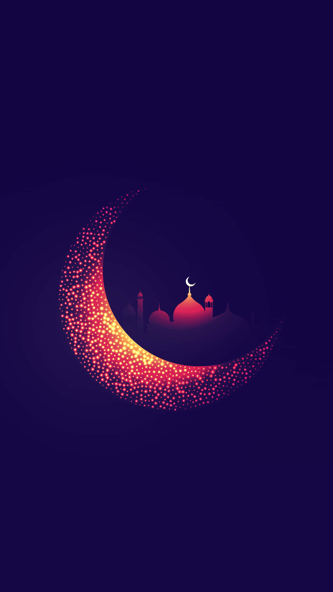 Moon And Stars iPhone 桌布 壁紙 — 一個閃爍光芒的彎月，充滿閃爍的燈光，懷抱著一座清真寺的剪影，映襯著深紫色的夜空。
