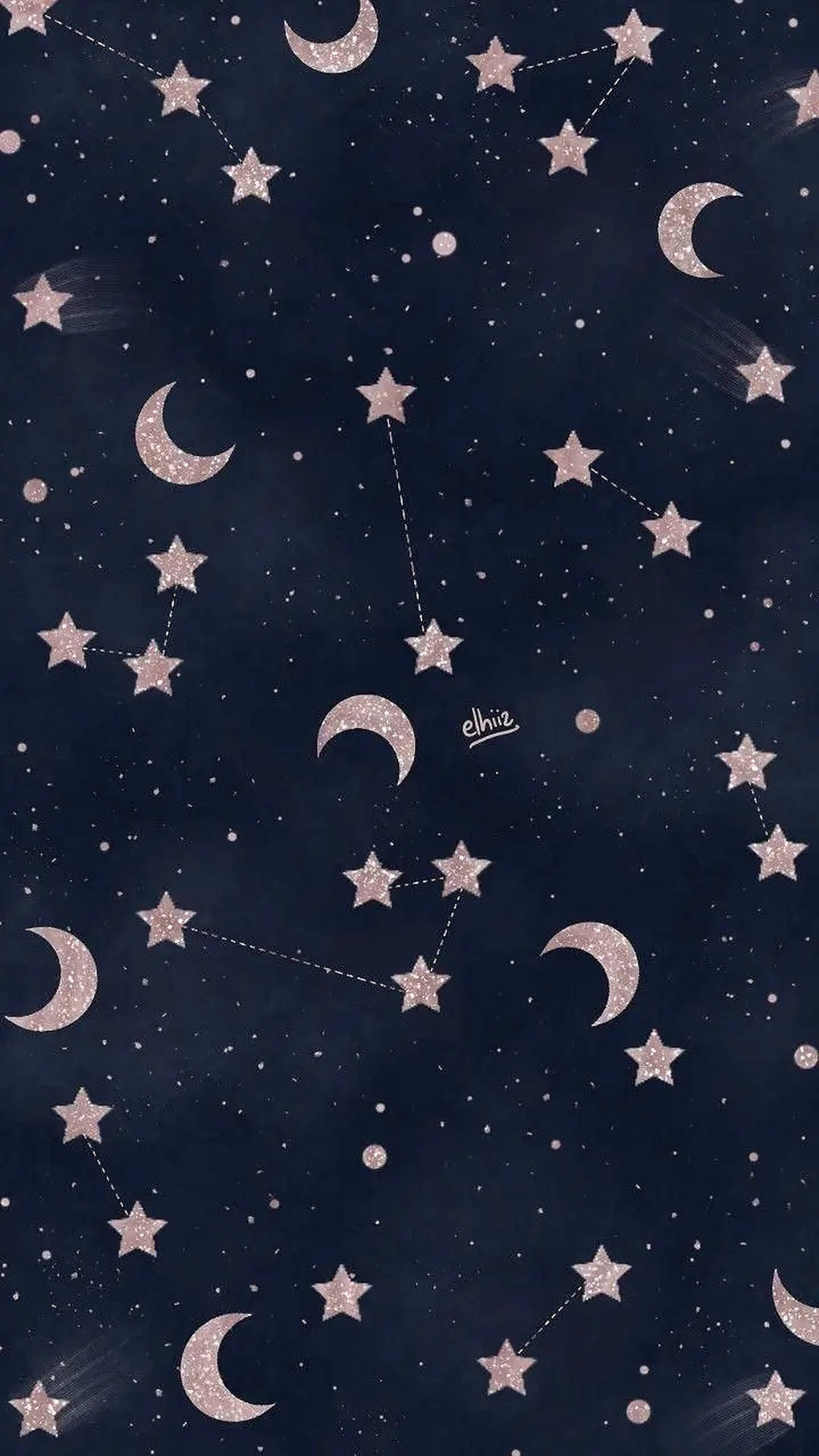 Aesthetic iPhone Xr 桌布 壁紙 — 一個閃爍的夜空，充滿了粉紅色的星星和彎月，由虛線連接形成星座。