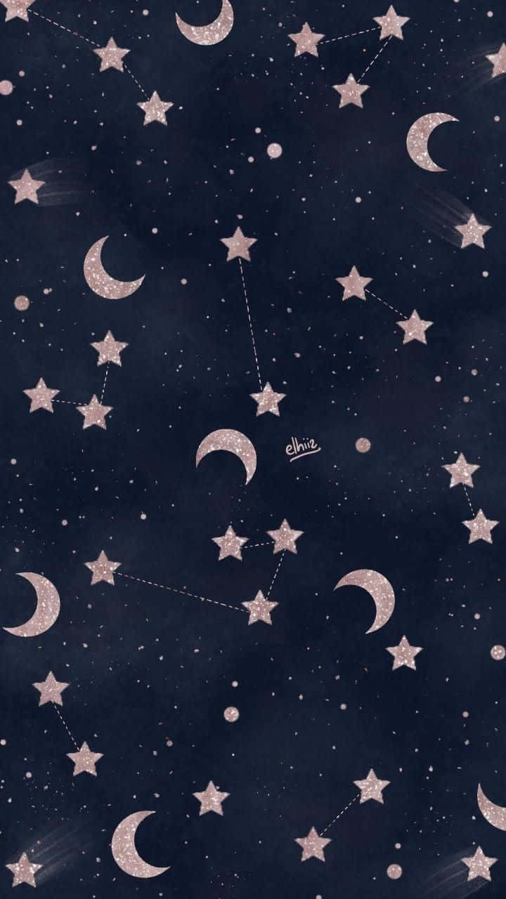 Moon And Stars iPhone 桌布 壁紙 — 一個閃爍的夜空壁紙，充滿了粉紅色的星星和由虛線連接形成星座的新月。