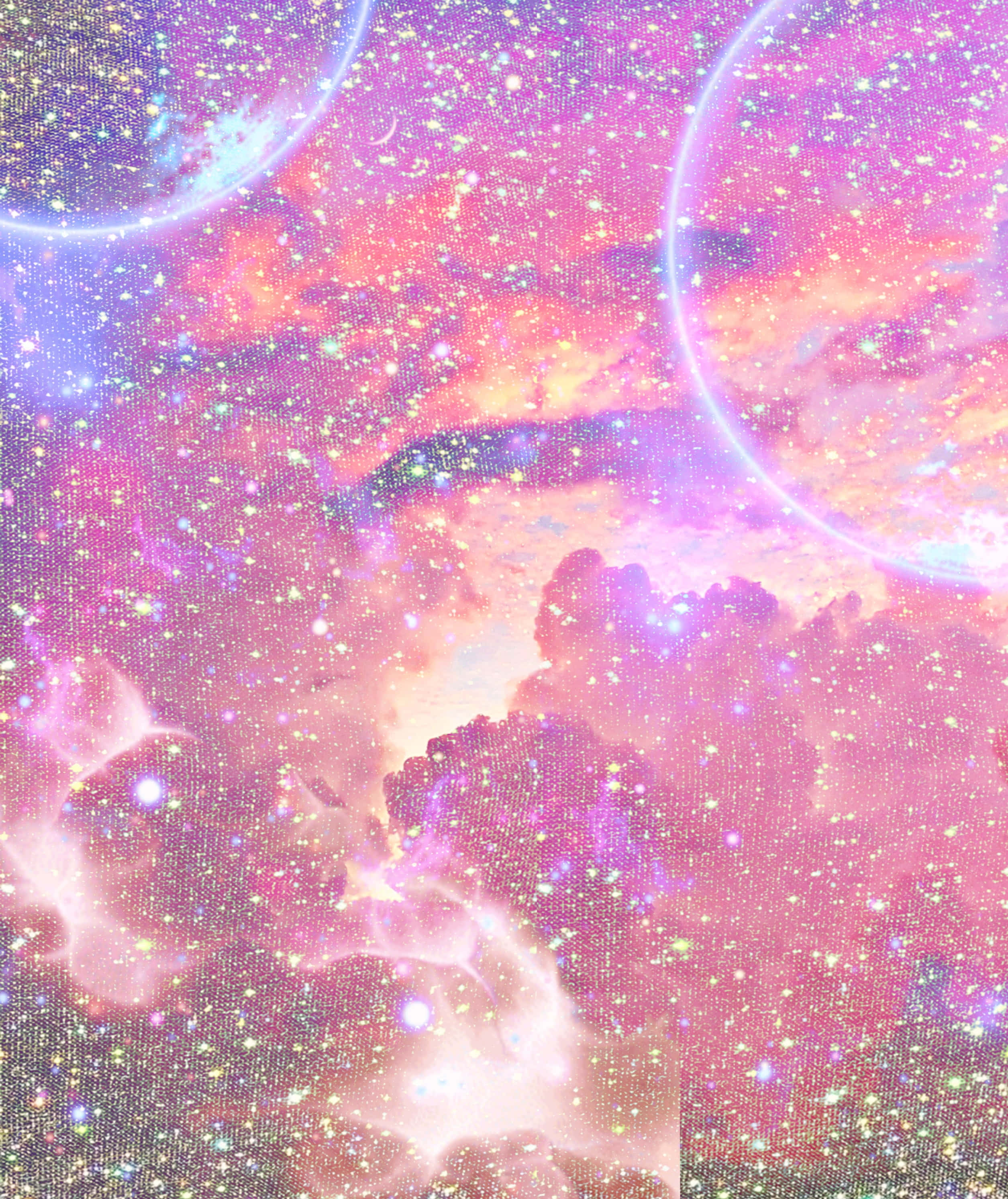 桌布 壁紙 — 一個閃爍的宇宙場景，粉紅色和紫色的星雲在兩個發光的行星環之間發光。
